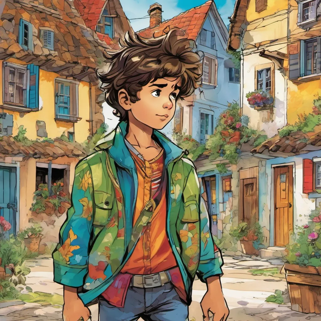 A sunny village with colorful houses and a young boy named A young boy with messy hair, wearing colorful clothes, displaying a curious expression standing in the center with a curious expression.