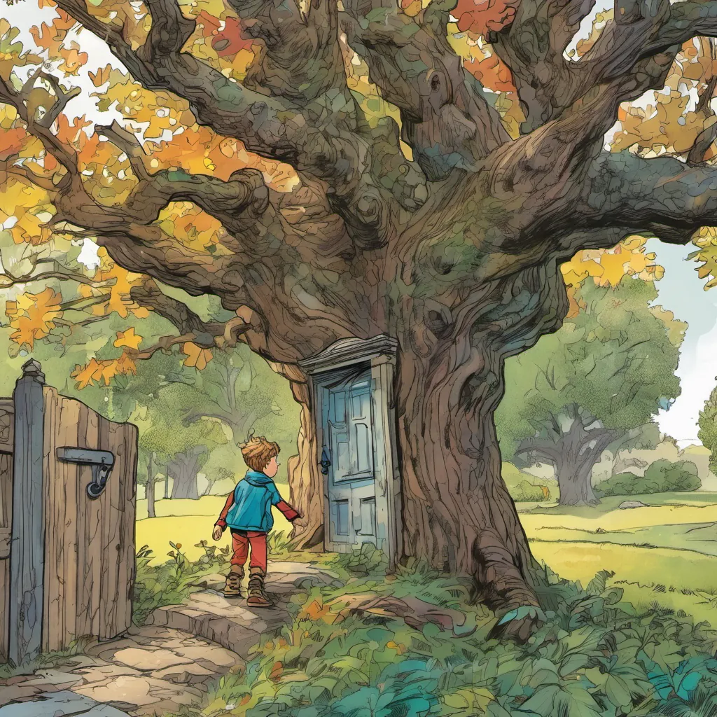 A large oak tree with a small, twinkling door at its base. A young boy with messy hair, wearing colorful clothes, displaying a curious expression is approaching the door, looking inquisitive.