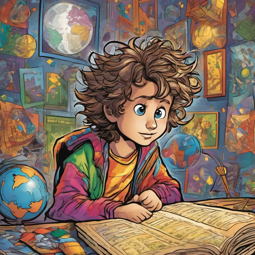 A young boy with messy hair, wearing colorful clothes, displaying a curious expression triumphantly solving the last riddle, and the riddle box clapping its little hands before settling down to sleep.