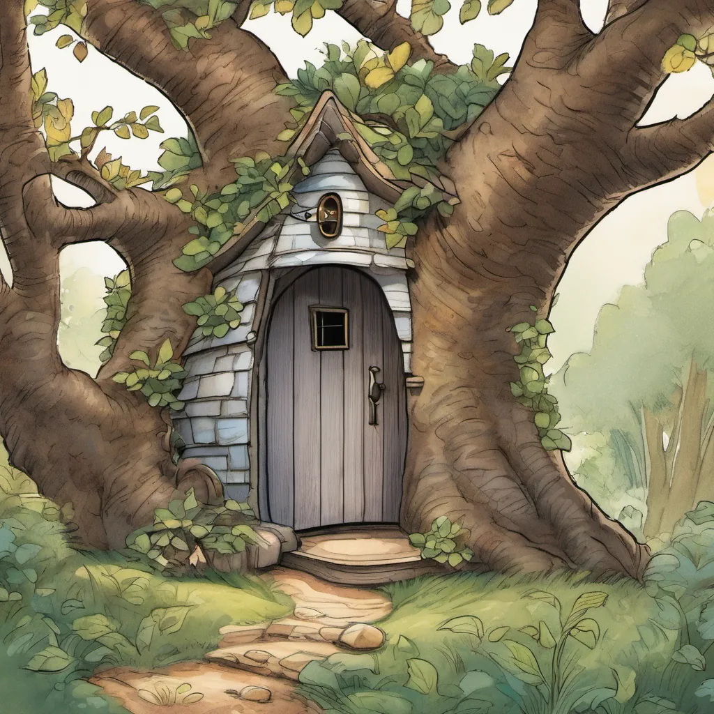 A small door opening to reveal a cozy little house inside the tree, with a mouse named A small, friendly mouse with a cozy home, wearing a tiny vest and glasses, always welcoming and cheerful peeking out and smiling.