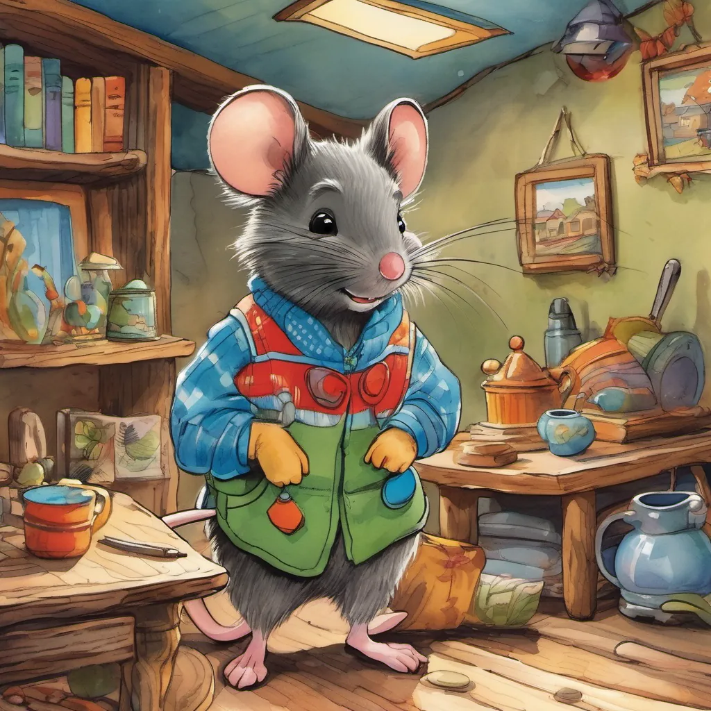 The mouse named A small, friendly mouse with a cozy home, wearing a tiny vest and glasses, always welcoming and cheerful welcoming A young boy with messy hair, wearing colorful clothes, displaying a curious expression inside the cozy house, the interior full of warm colors and rustic furniture.