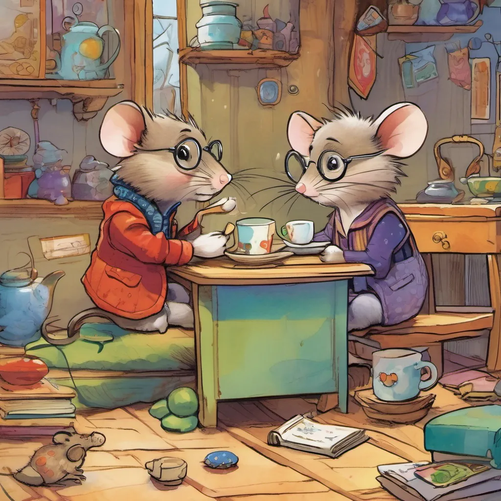 A small, friendly mouse with a cozy home, wearing a tiny vest and glasses, always welcoming and cheerful and A young boy with messy hair, wearing colorful clothes, displaying a curious expression sitting and sipping tea, with a riddle box on the floor, animated and cheerful, beckoning them to solve it.