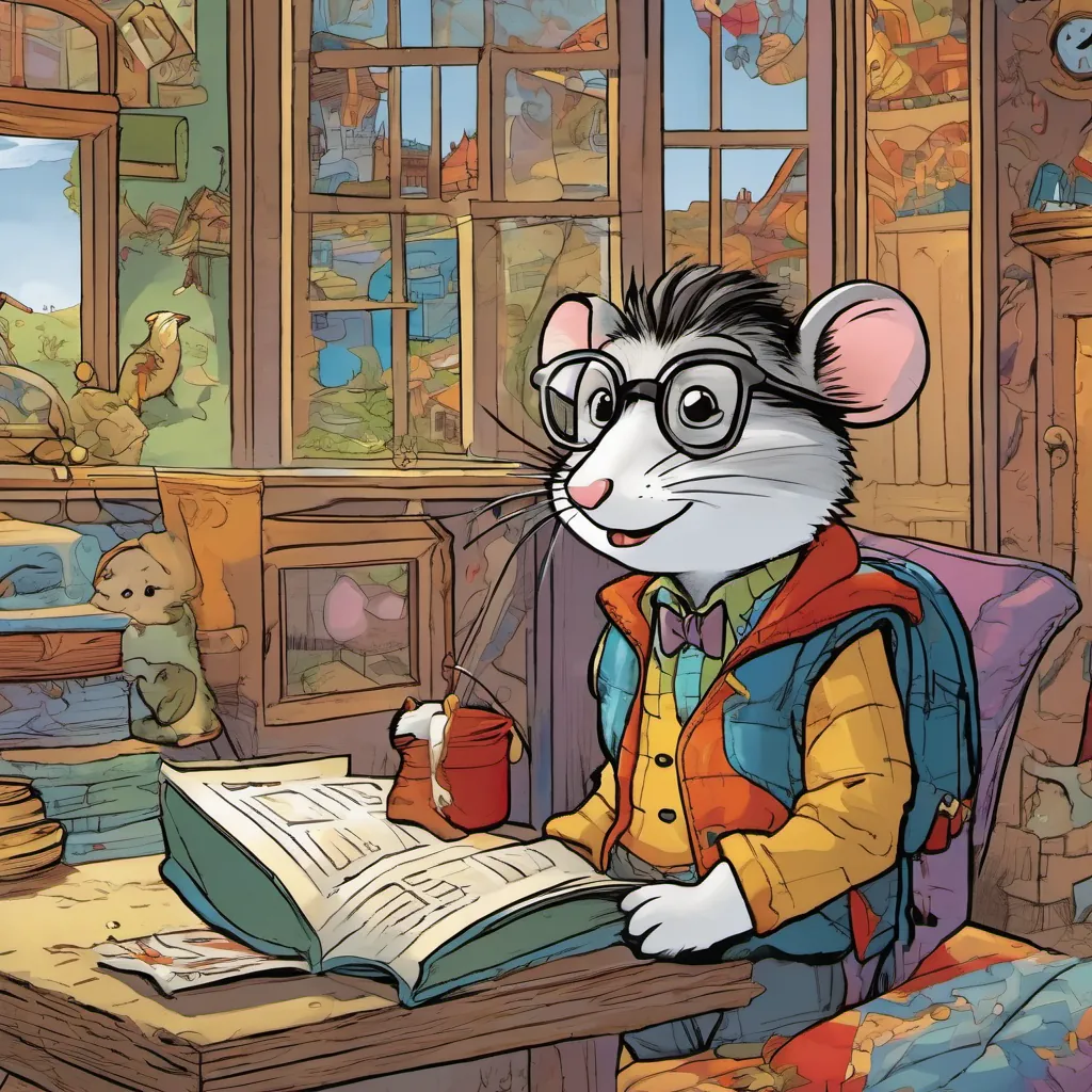 A riddle box displaying the riddle on a screen, with A small, friendly mouse with a cozy home, wearing a tiny vest and glasses, always welcoming and cheerful and A young boy with messy hair, wearing colorful clothes, displaying a curious expression looking thoughtful as they think of the answer.