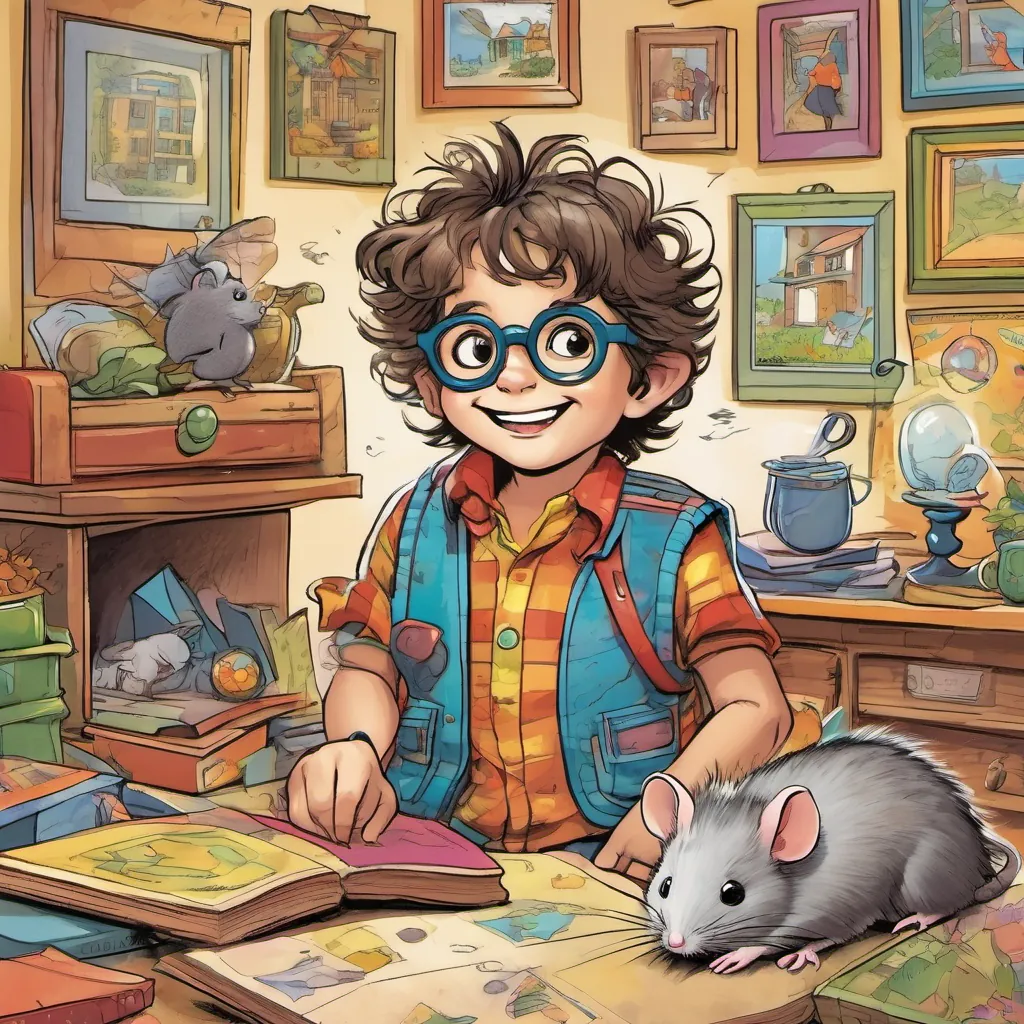 A young boy with messy hair, wearing colorful clothes, displaying a curious expression and A small, friendly mouse with a cozy home, wearing a tiny vest and glasses, always welcoming and cheerful smiling with excitement after solving the riddle, with the box winking playfully.