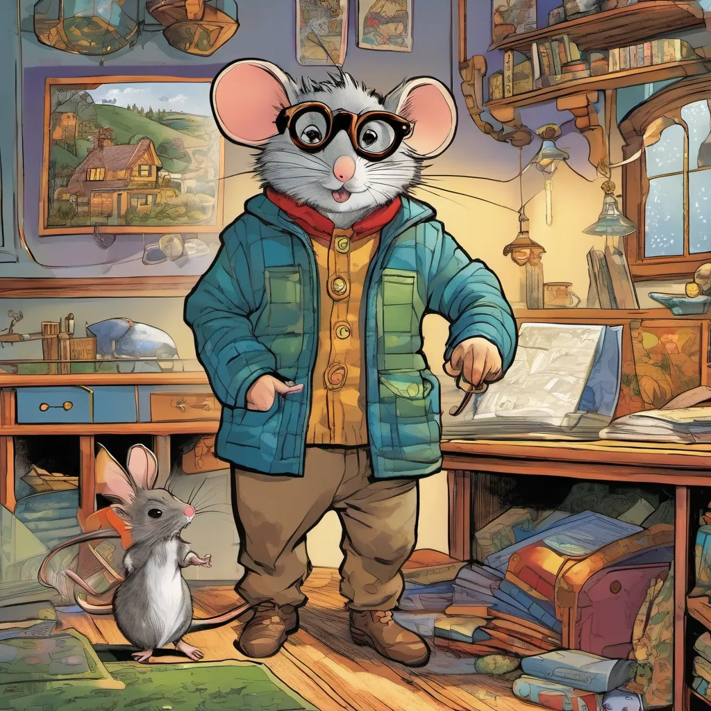 The riddle box displaying the next riddle, with A small, friendly mouse with a cozy home, wearing a tiny vest and glasses, always welcoming and cheerful looking at it curiously and A young boy with messy hair, wearing colorful clothes, displaying a curious expression pondering the question.