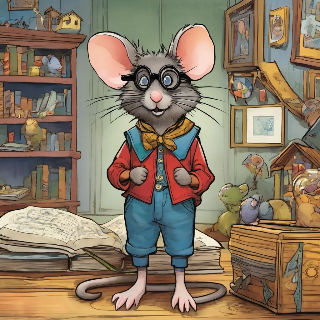 The riddle box presenting the last riddle, A small, friendly mouse with a cozy home, wearing a tiny vest and glasses, always welcoming and cheerful and A young boy with messy hair, wearing colorful clothes, displaying a curious expression contemplating together with determined expressions.