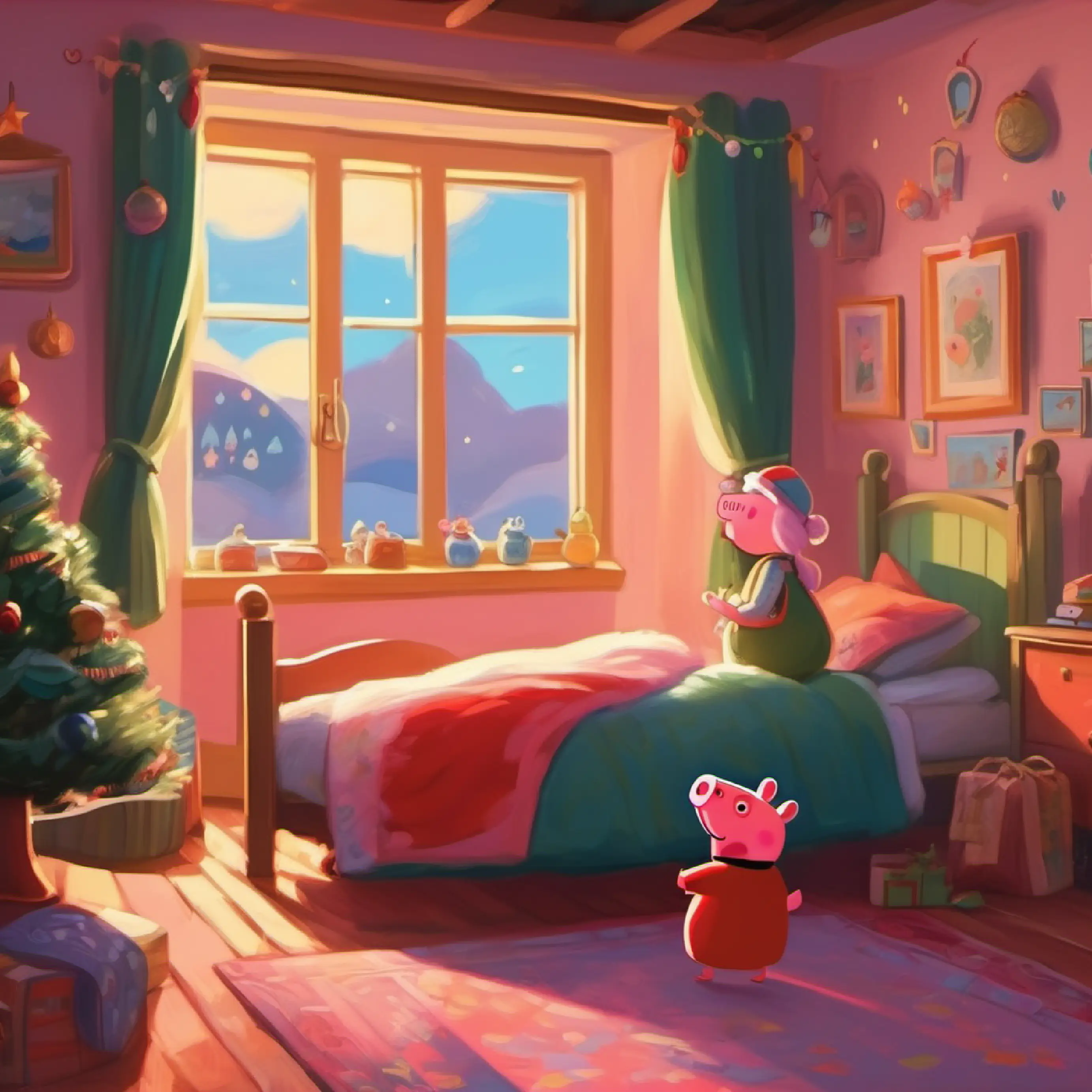 Morning in Peppa's bedroom, she is waking up, excited.