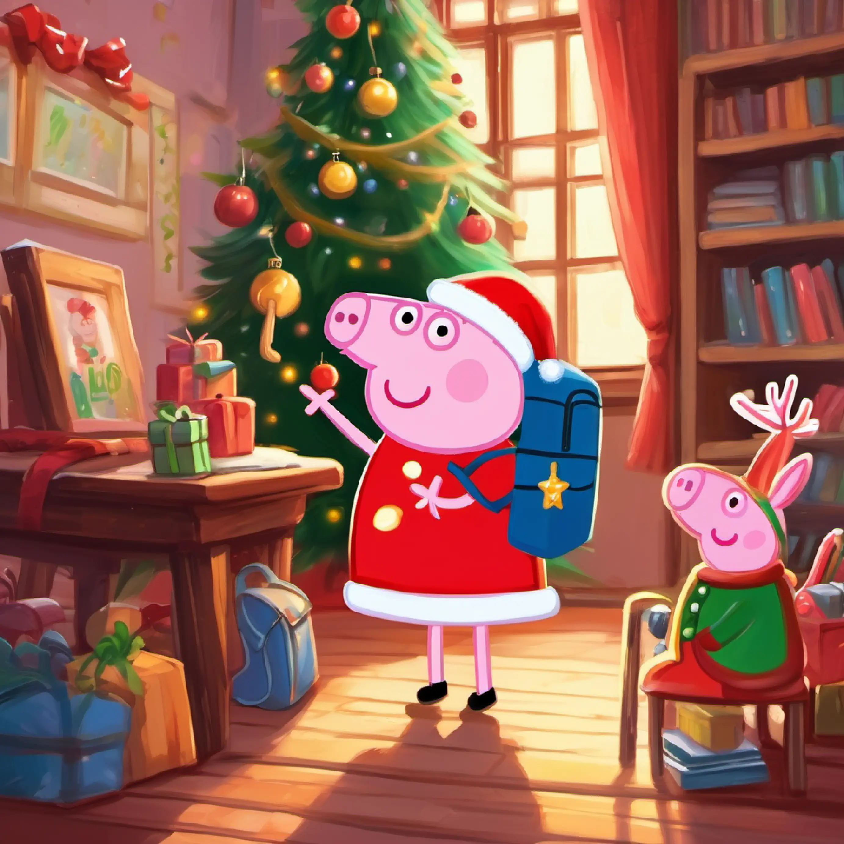 Peppa dressing up for school, feeling confident.