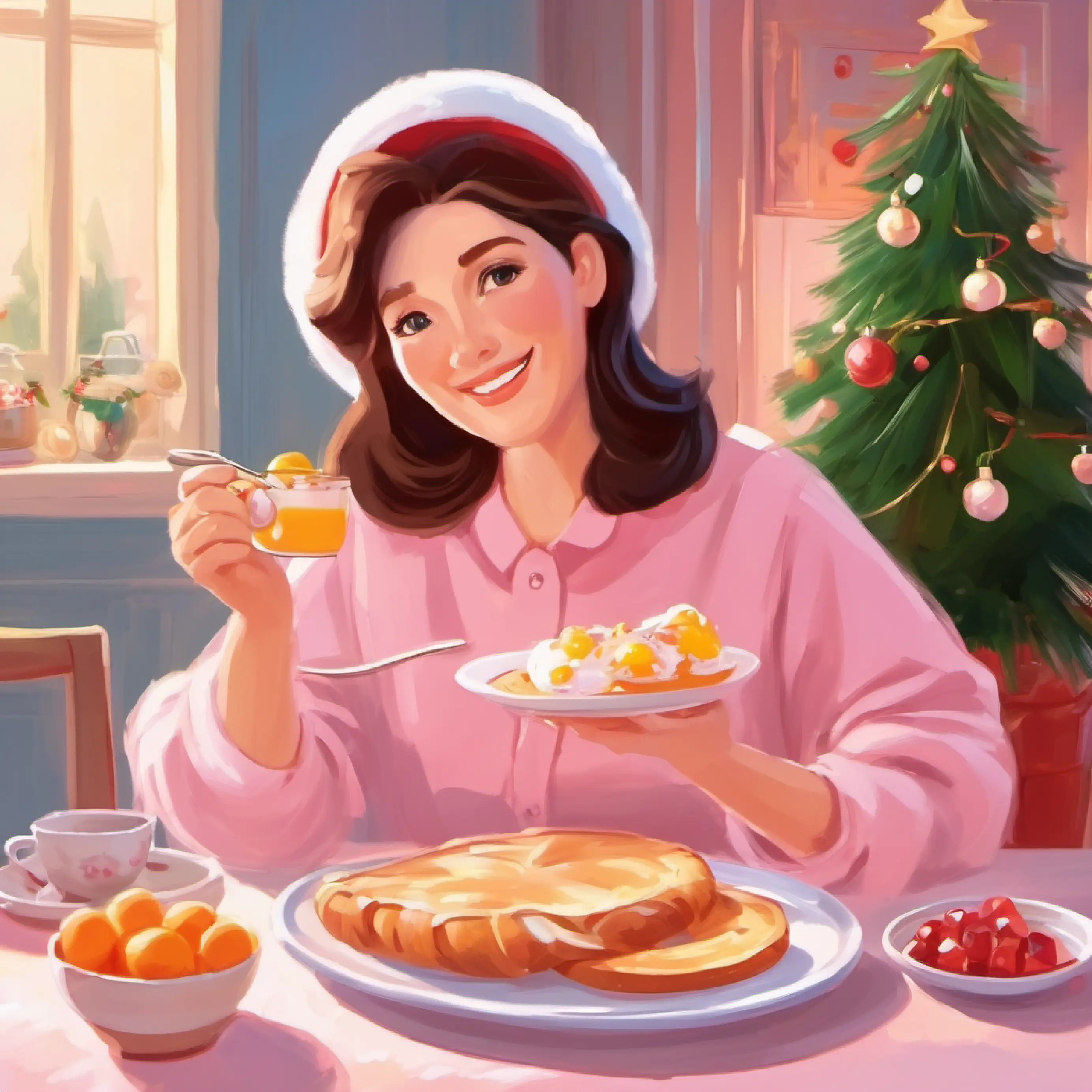 Breakfast time with Caring mother, light pink, gentle eyes, supportive, nutritious start to the day.