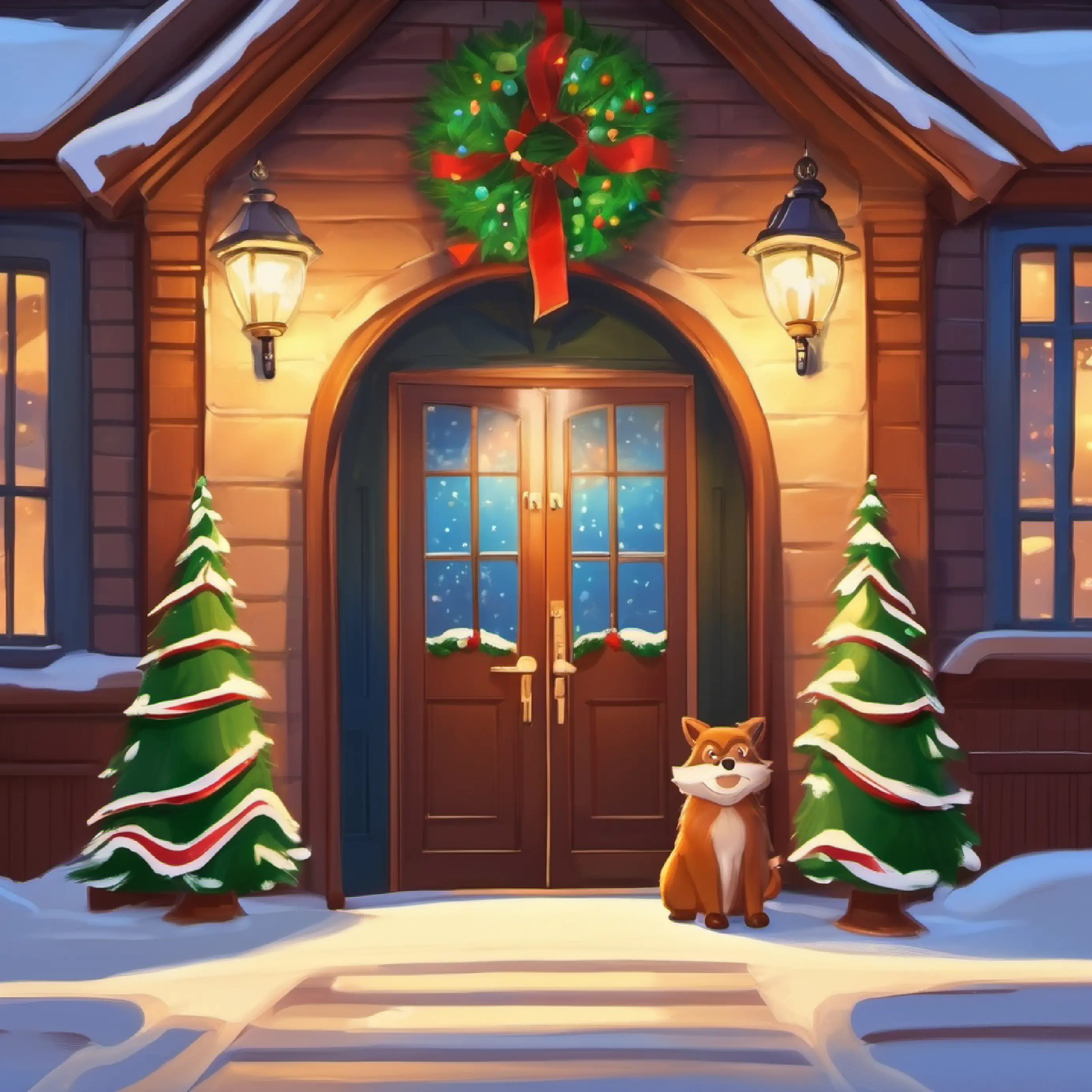 The school entrance where Teacher, light brown fur, welcoming, wears glasses welcomes the students.
