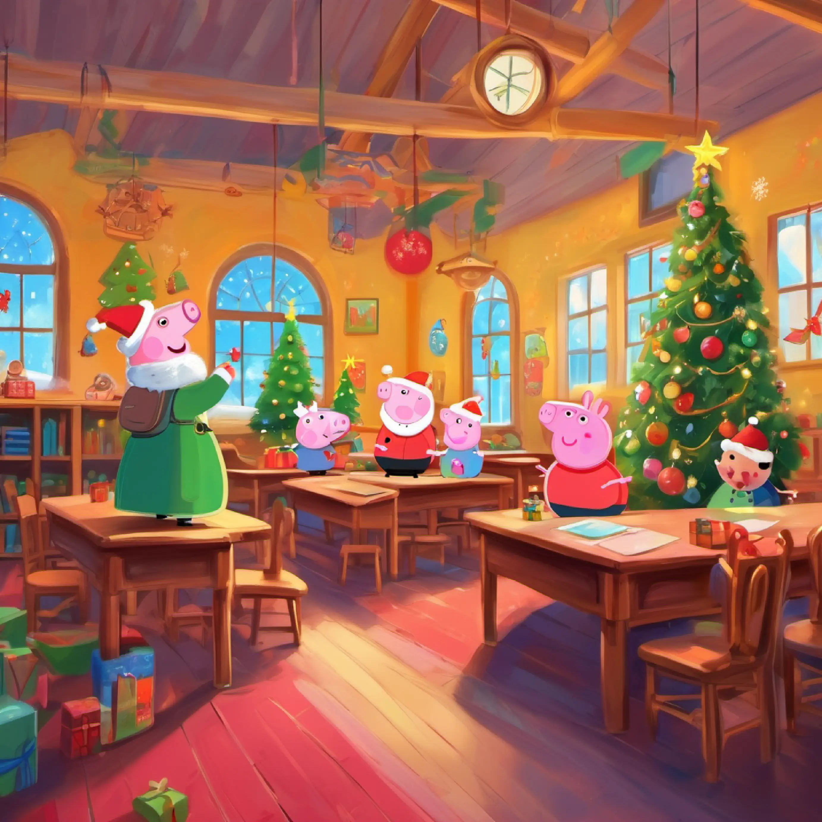 Peppa discovering the cheerful and decorated classroom.