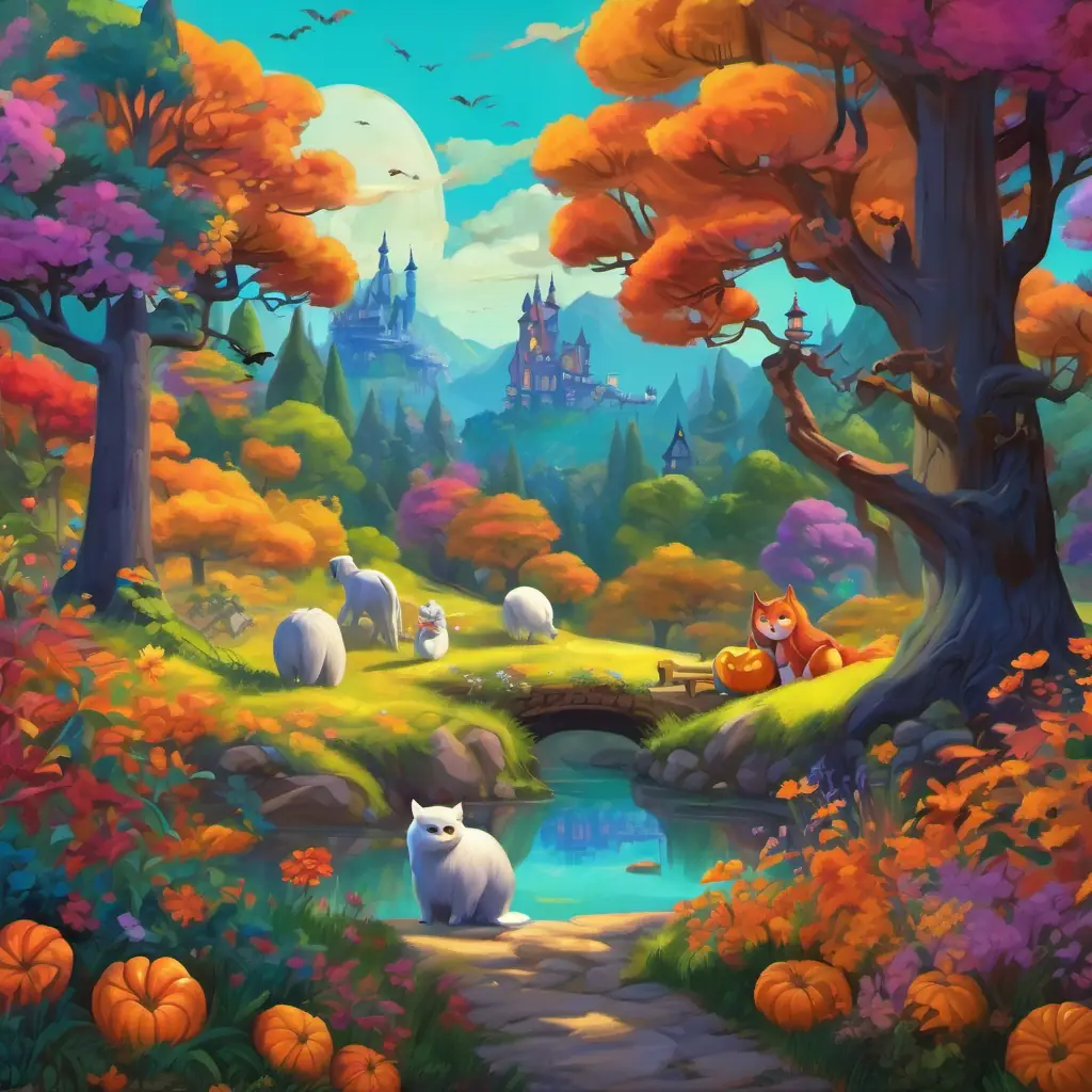 A beautiful, vibrant landscape with tall trees, colorful flowers, and a group of friendly Colorful, big creatures with scale skin, kind eyes, and long tails exploring.