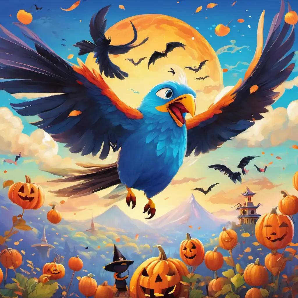 A large, colorful bird flying above the Colorful, big creatures with scale skin, kind eyes, and long tails, singing happily in the bright blue sky.