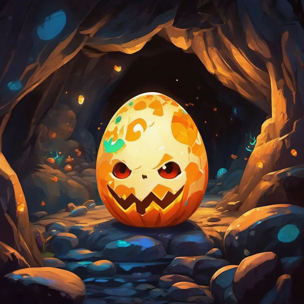 A dark cave with glowing treasure-like eggs, signaling the birth of the Colorful, big creatures with scale skin, kind eyes, and long tails.