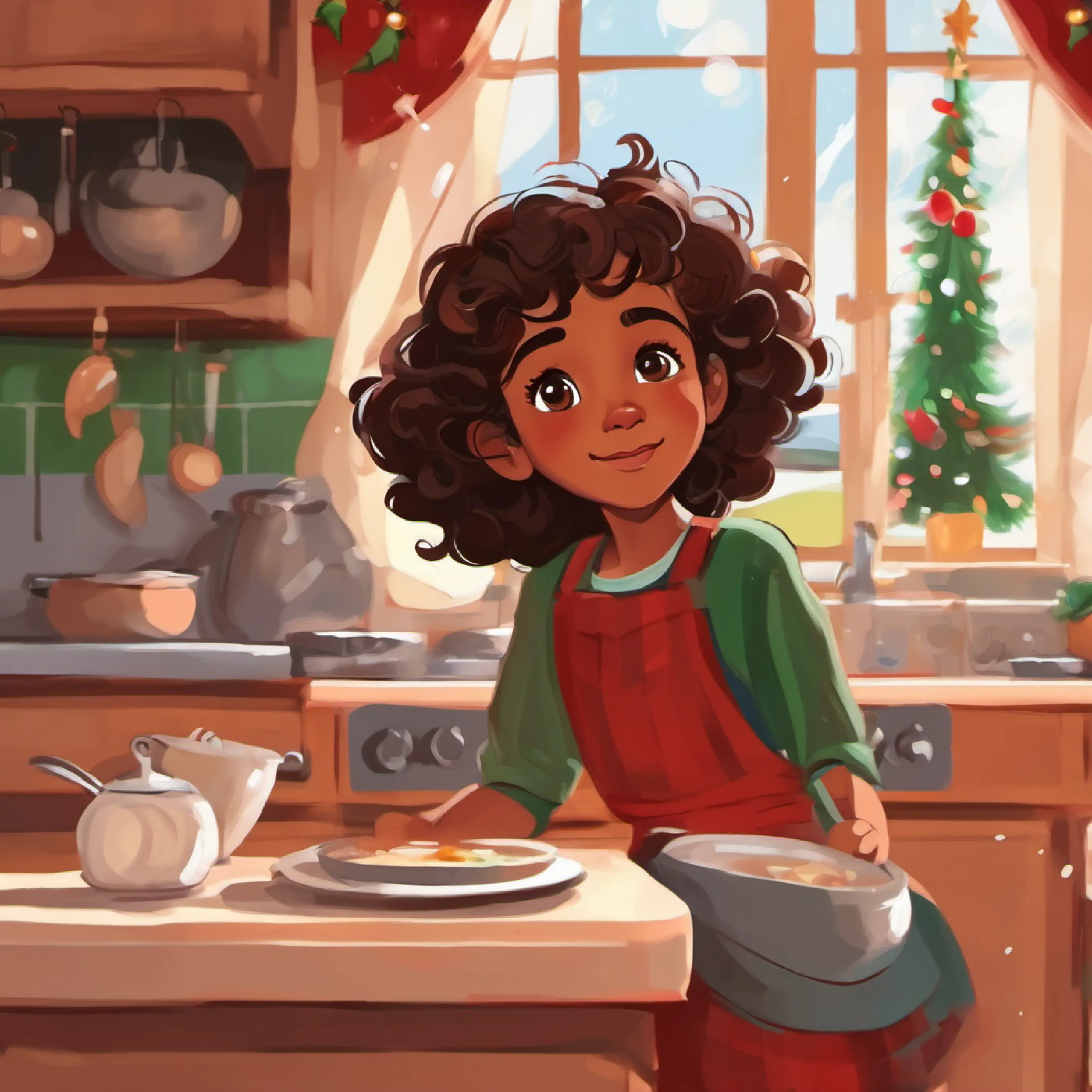 Young girl, brown skin, short curly hair, wide brown eyes waking up, Monday, mom in kitchen