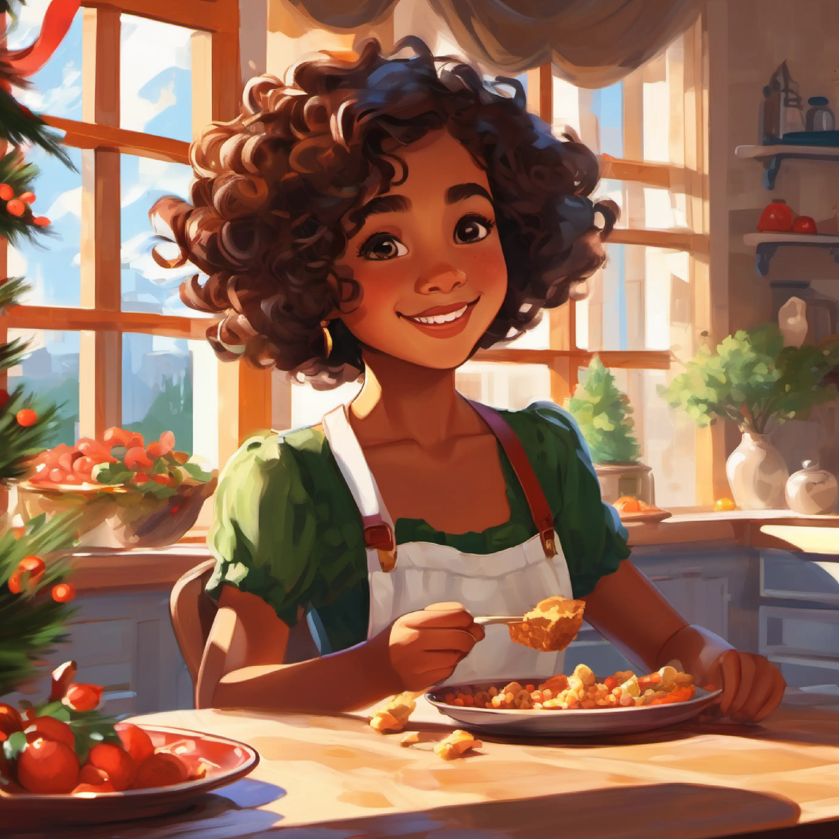 Young girl, brown skin, short curly hair, wide brown eyes eating, kitchen table, sunny window