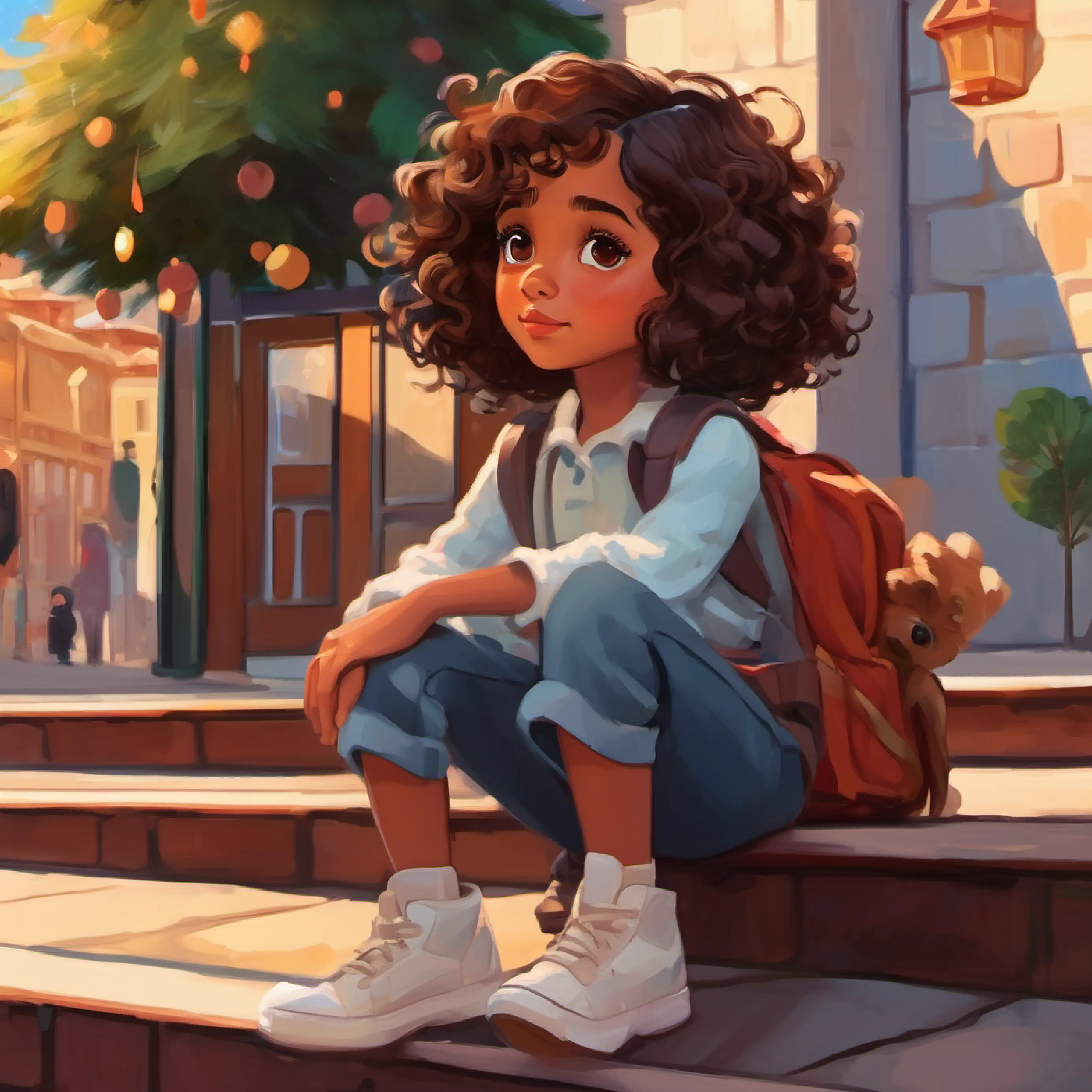 Schoolyard, Young girl, brown skin, short curly hair, wide brown eyes with friend, thoughtful expression