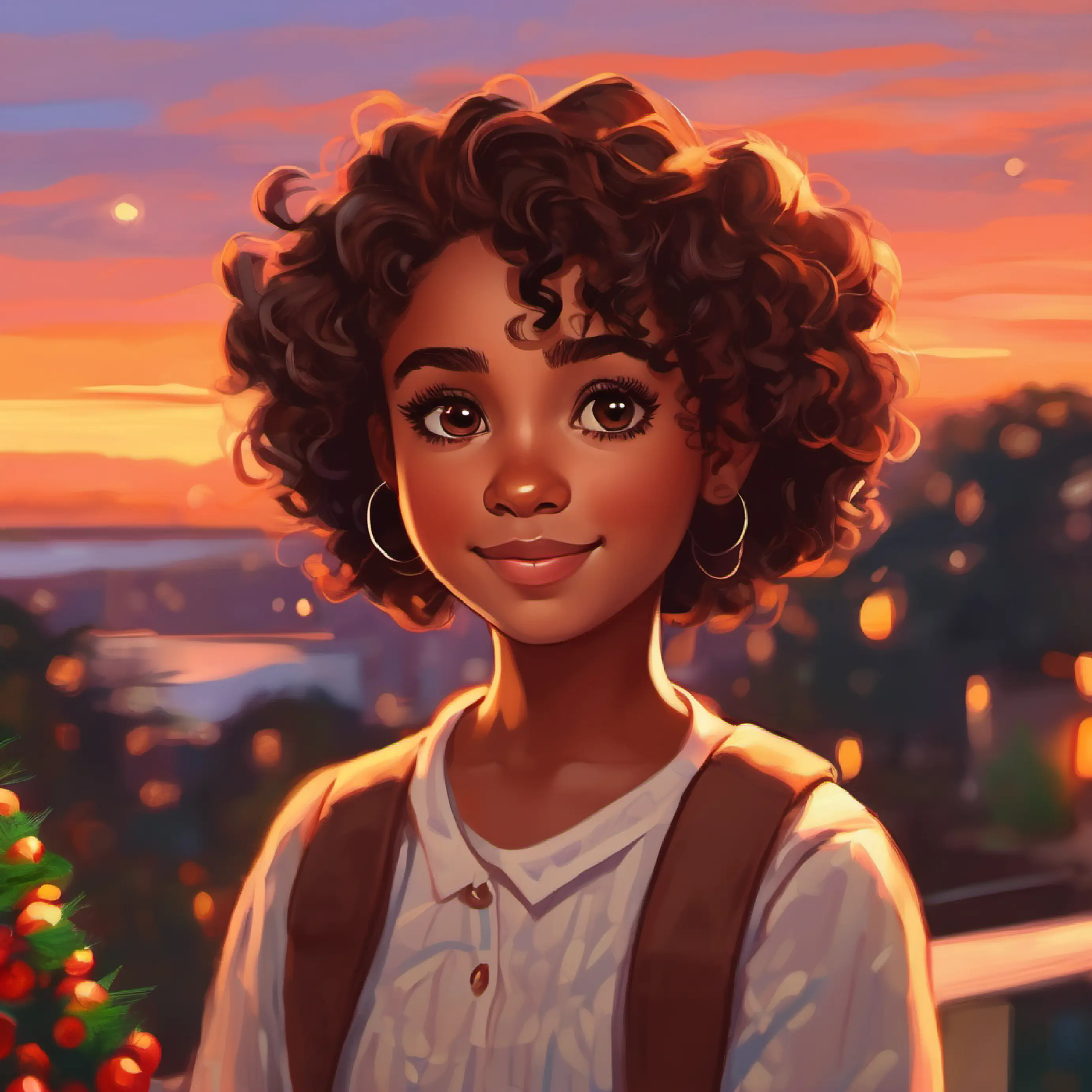 Young girl, brown skin, short curly hair, wide brown eyes confident, sunset background, end of the week