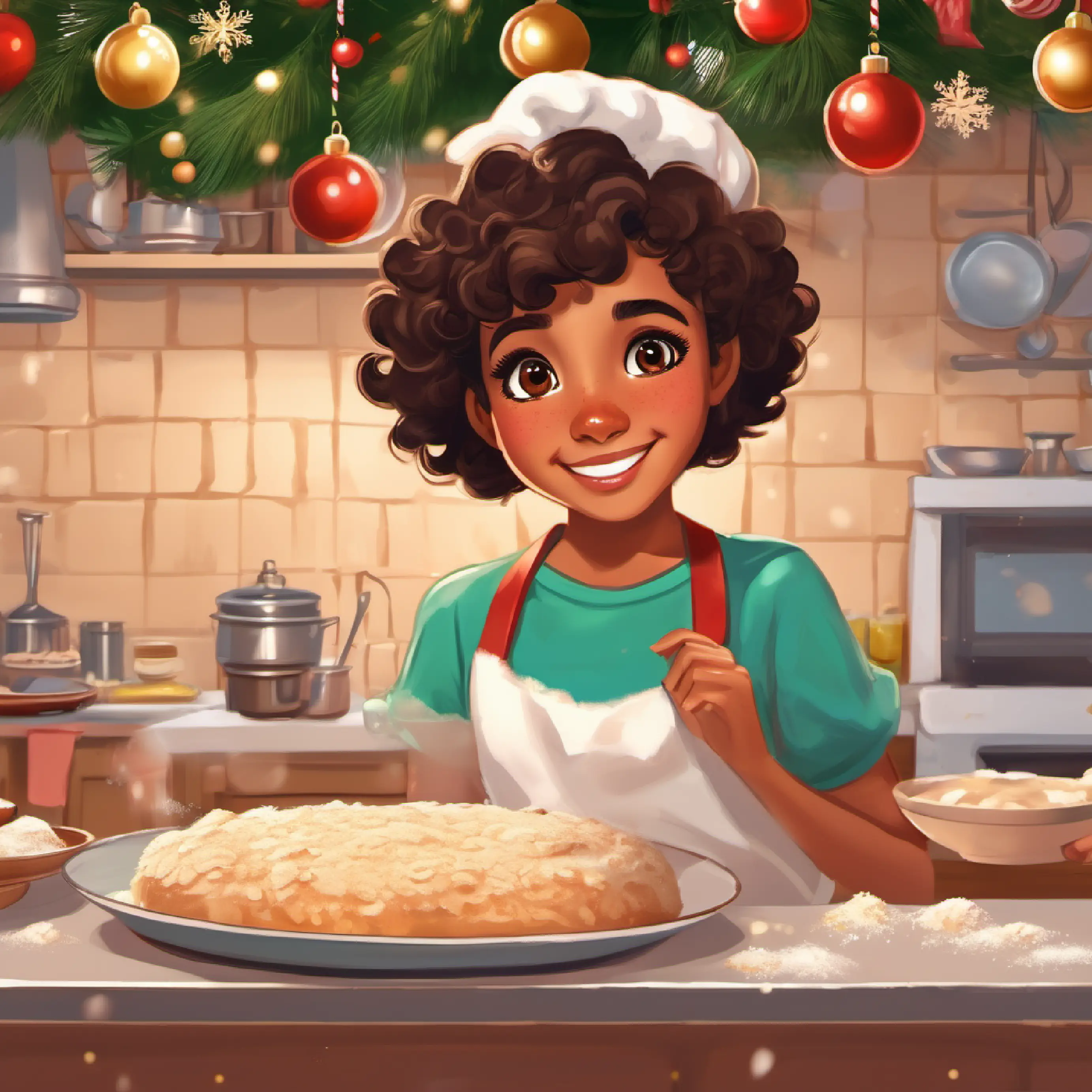 Baking activity, kitchen, Young girl, brown skin, short curly hair, wide brown eyes with flour on nose