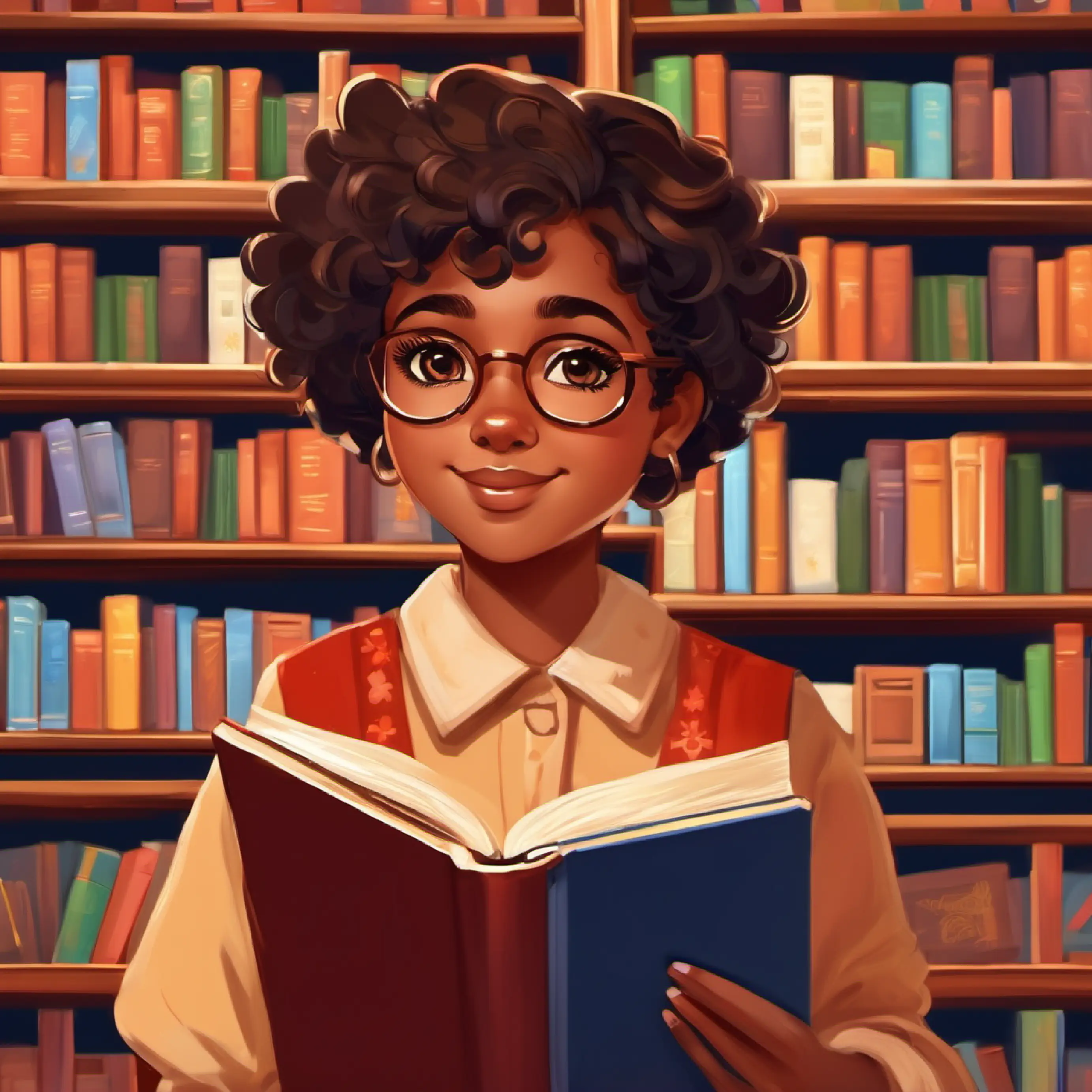 Library, Young girl, brown skin, short curly hair, wide brown eyes holding space books, kind librarian