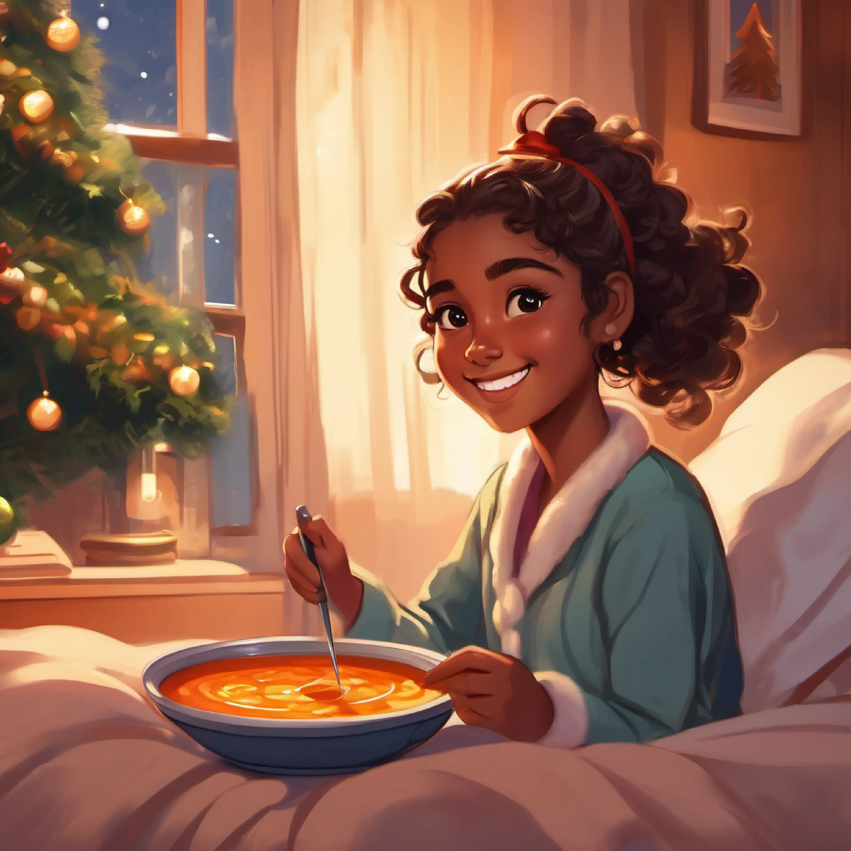 Young girl, brown skin, short curly hair, wide brown eyes in bed, thermometer, Warm smile, long hair tied back, caring eyes with soup