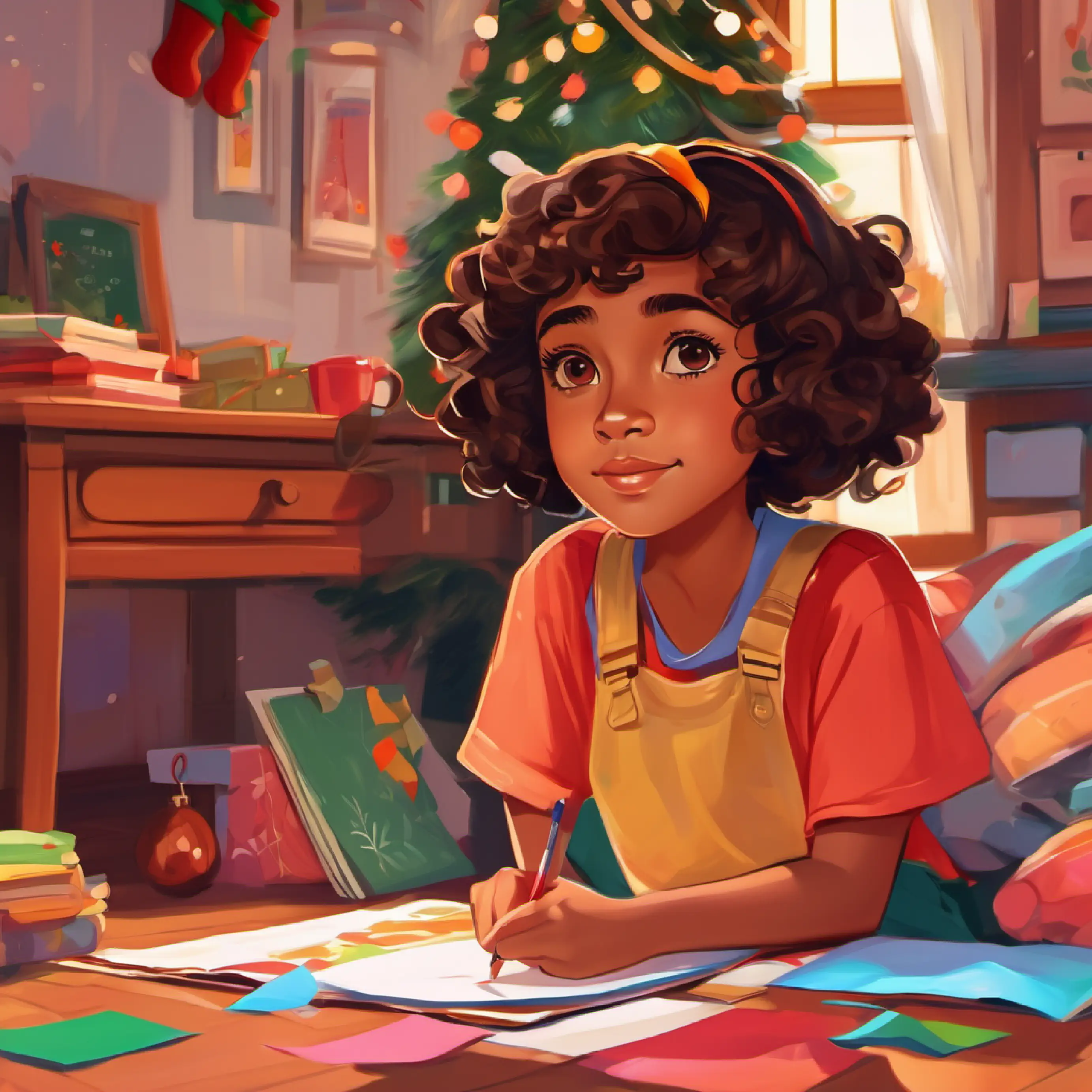 Young girl, brown skin, short curly hair, wide brown eyes drawing, colorful papers, bedroom floor