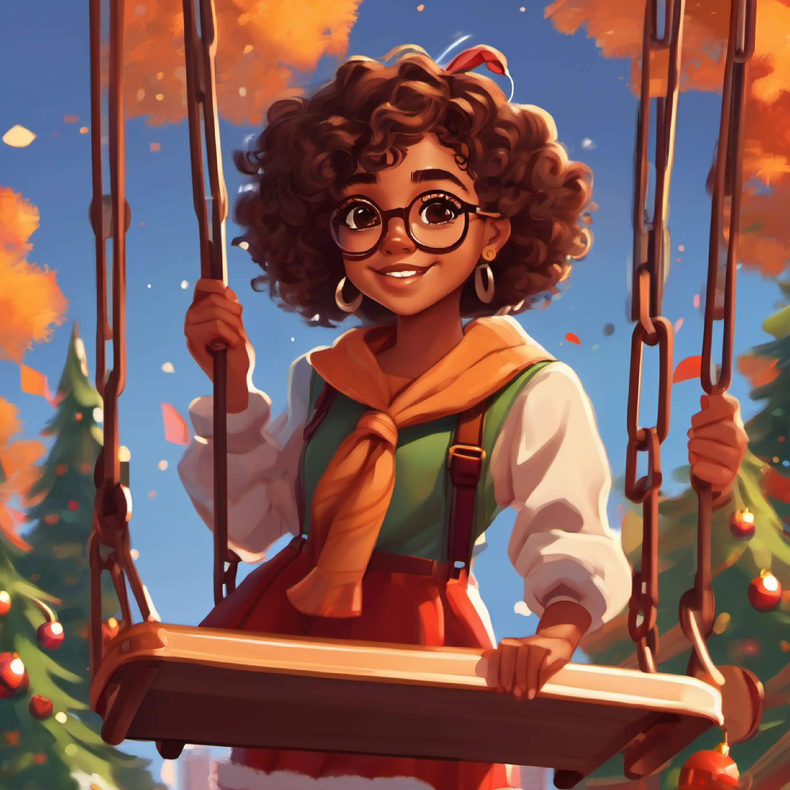 Park, Young girl, brown skin, short curly hair, wide brown eyes on swings, Tall, bearded, playful expression, glasses nearby