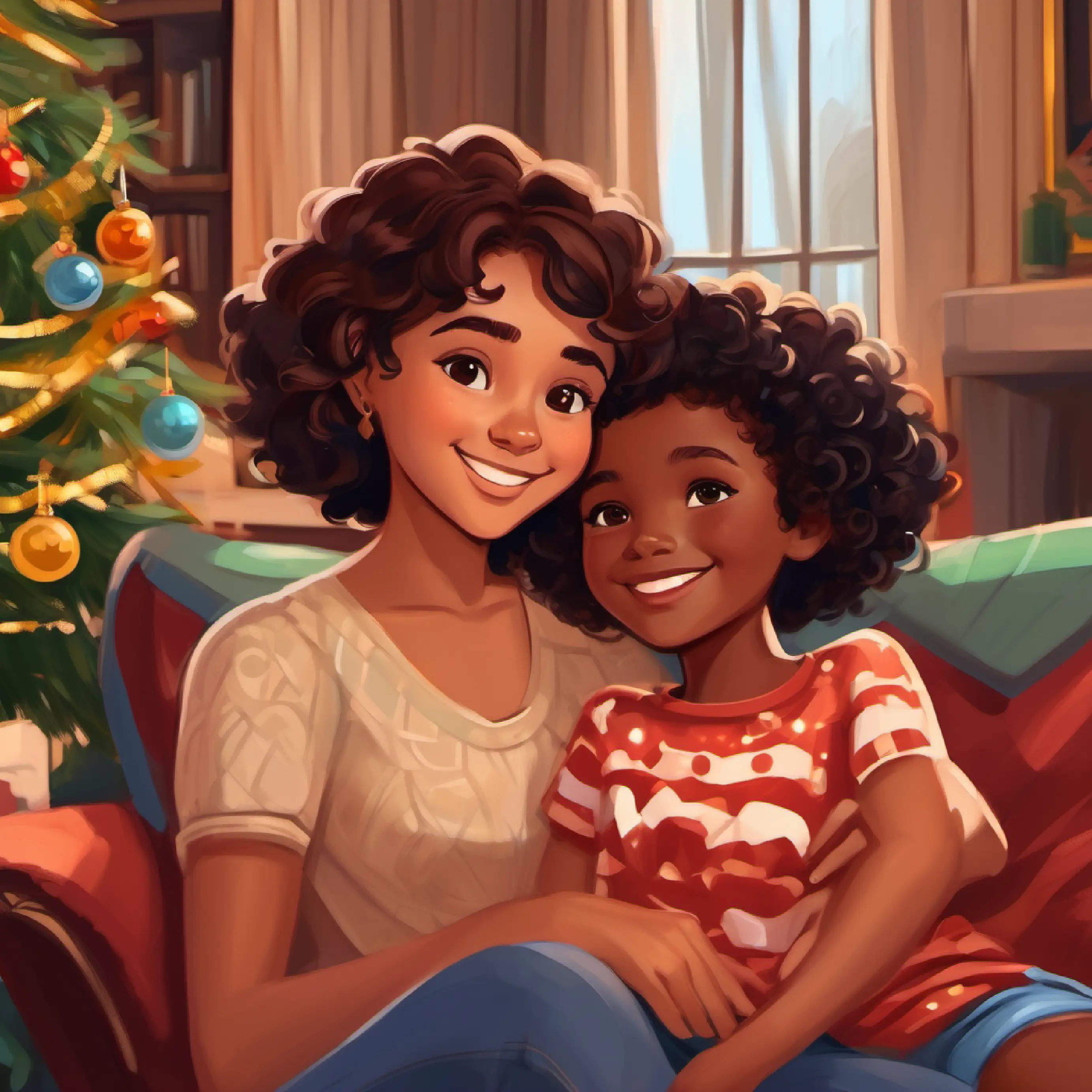 Family cuddle, cozy living room, Young girl, brown skin, short curly hair, wide brown eyes smiling