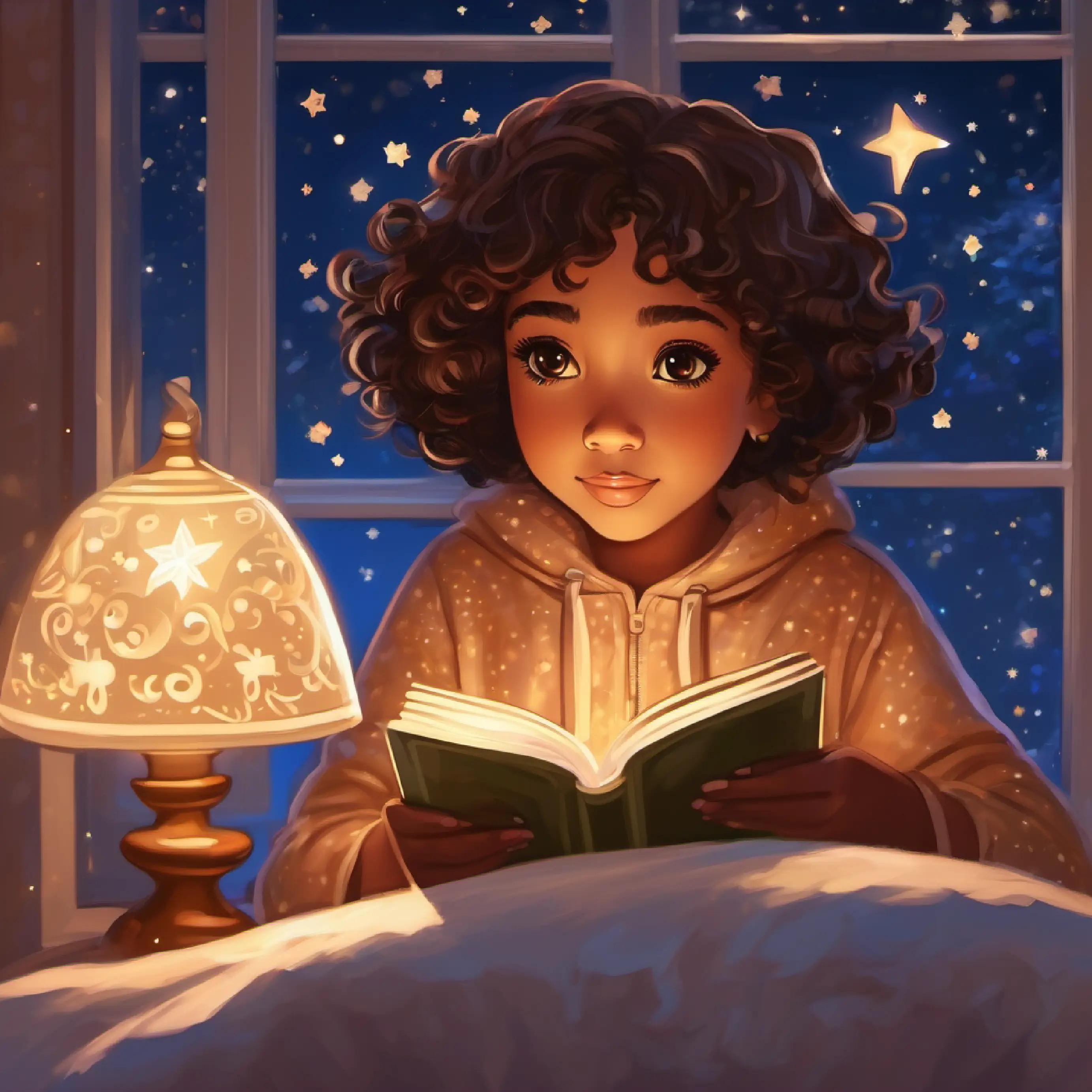 Young girl, brown skin, short curly hair, wide brown eyes’s bedtime, night lamp, stars twinkling