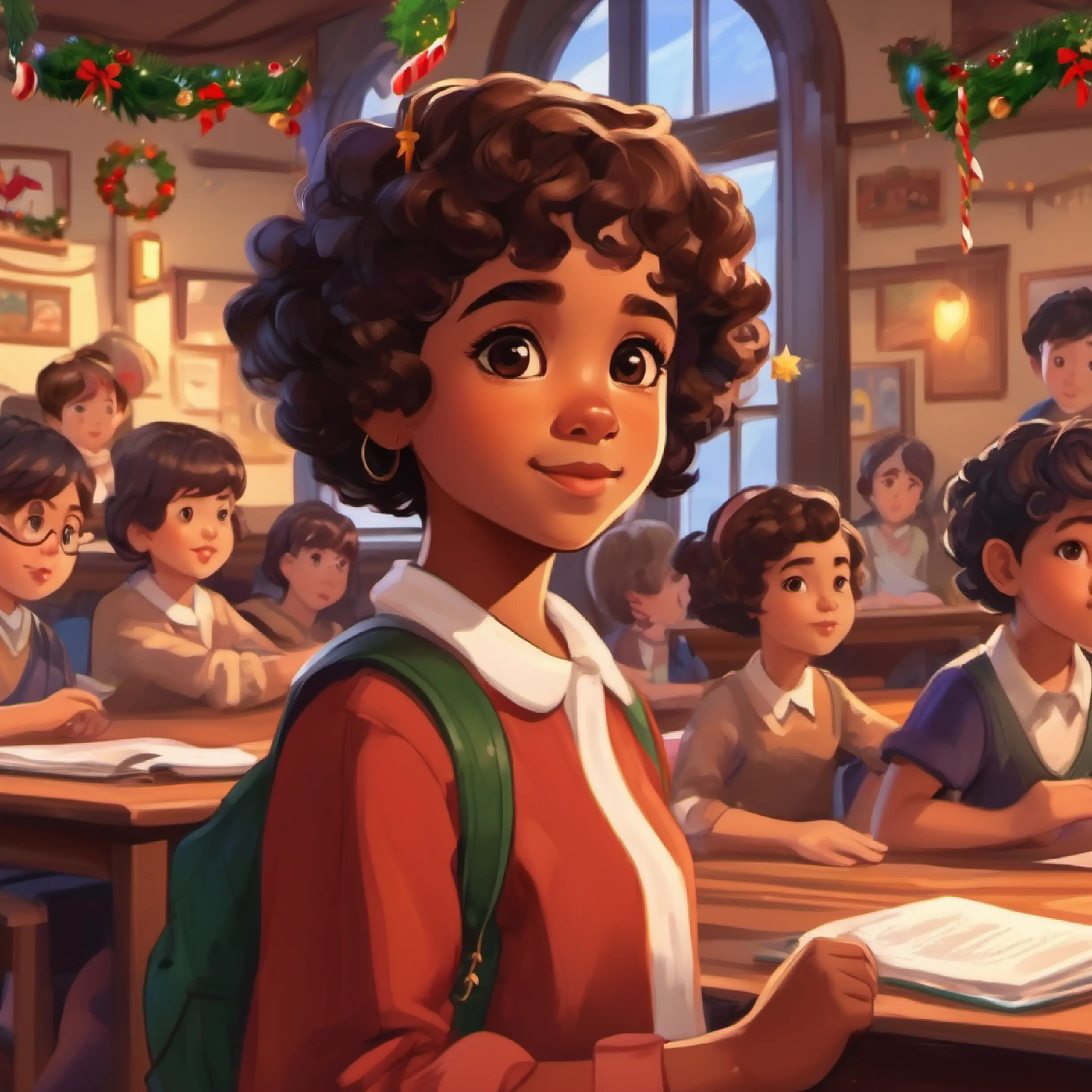 Classroom, Young girl, brown skin, short curly hair, wide brown eyes presenting, classmates listening