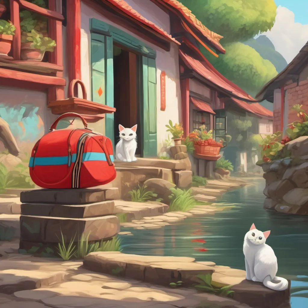 A whimsical village scene by the Mekong River with a bit of a Dr. Seuss touch, featuring a curious cat wearing a striped red bag.