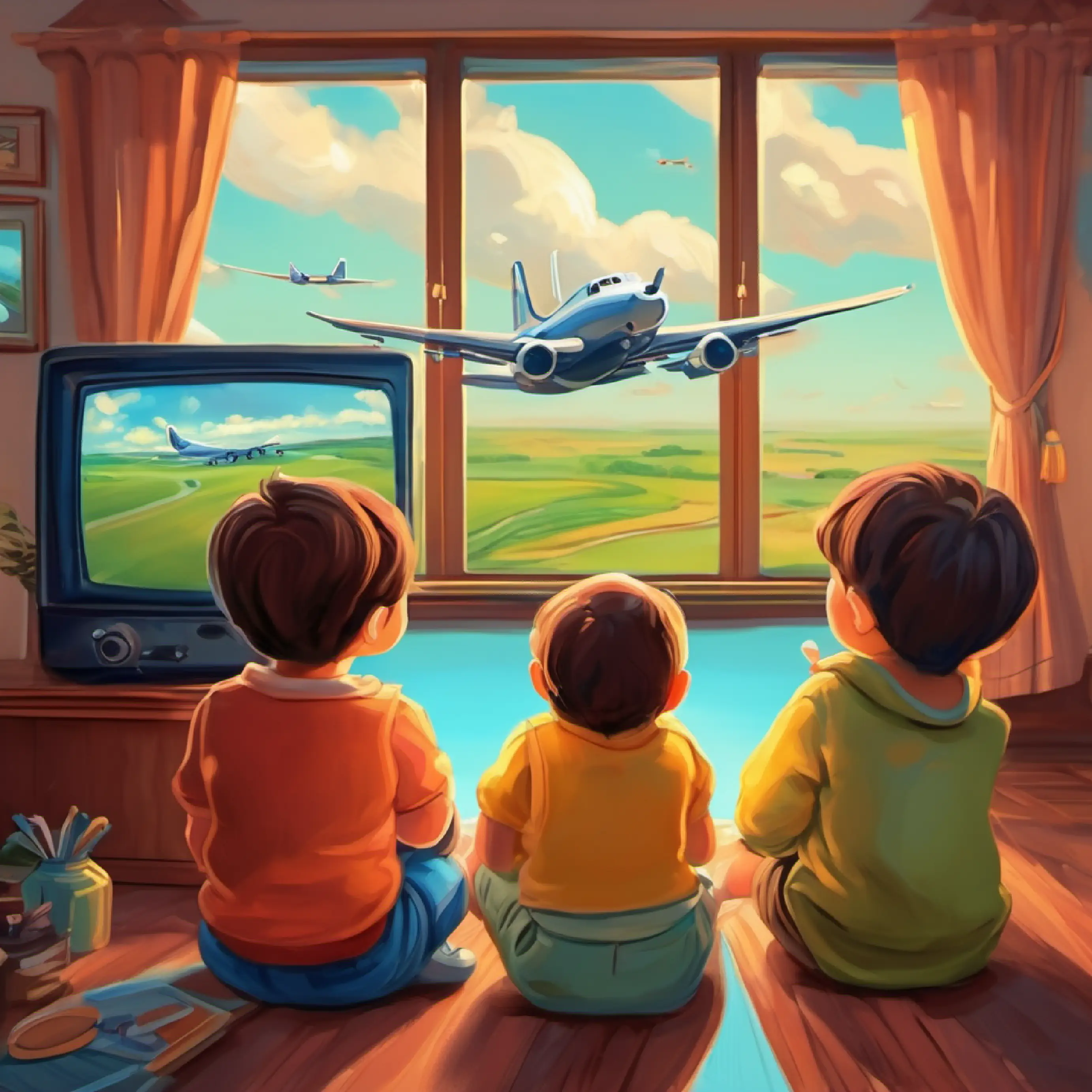 Triplets watching a TV documentary about airplanes.