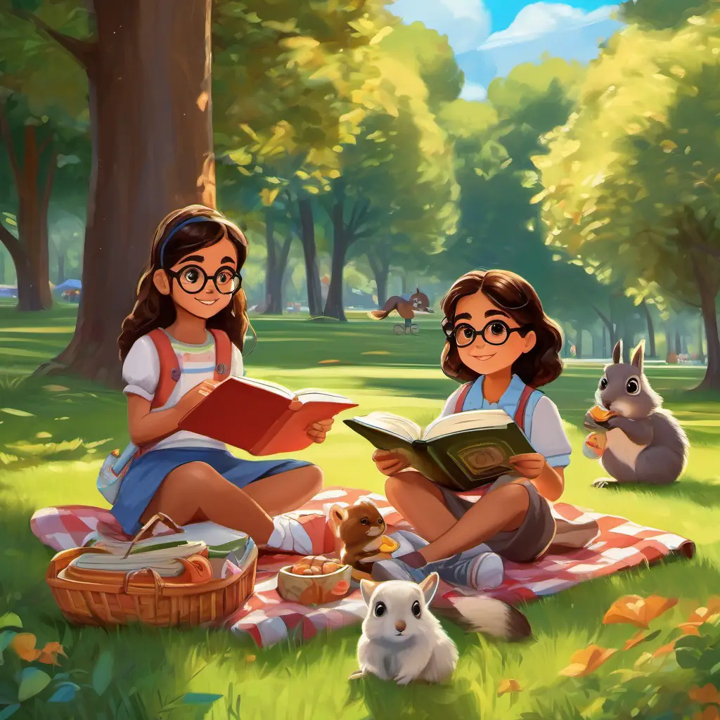 Martina, Cristobal, and Isabela enjoy their picnic in the park. They read their favorite books and are unaware of a curious squirrel nearby.