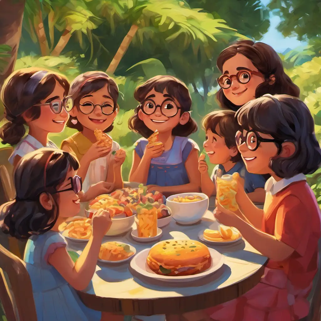 The friends sit down to enjoy a tasty snack and cherish their friendship. Martina feels grateful for her friends and the happiness they bring.