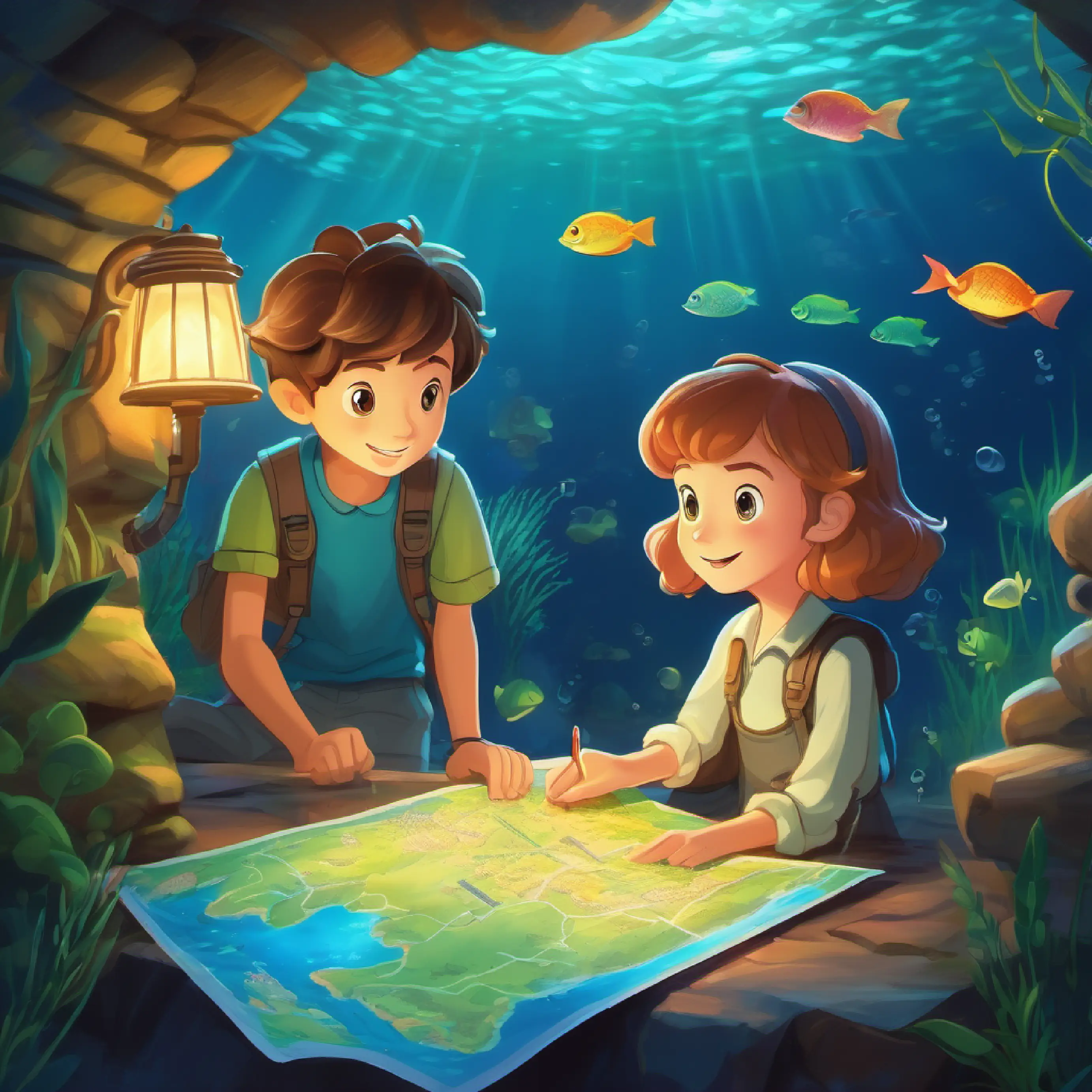Introducing Sammy and Terry finding a map, underwater, evening.