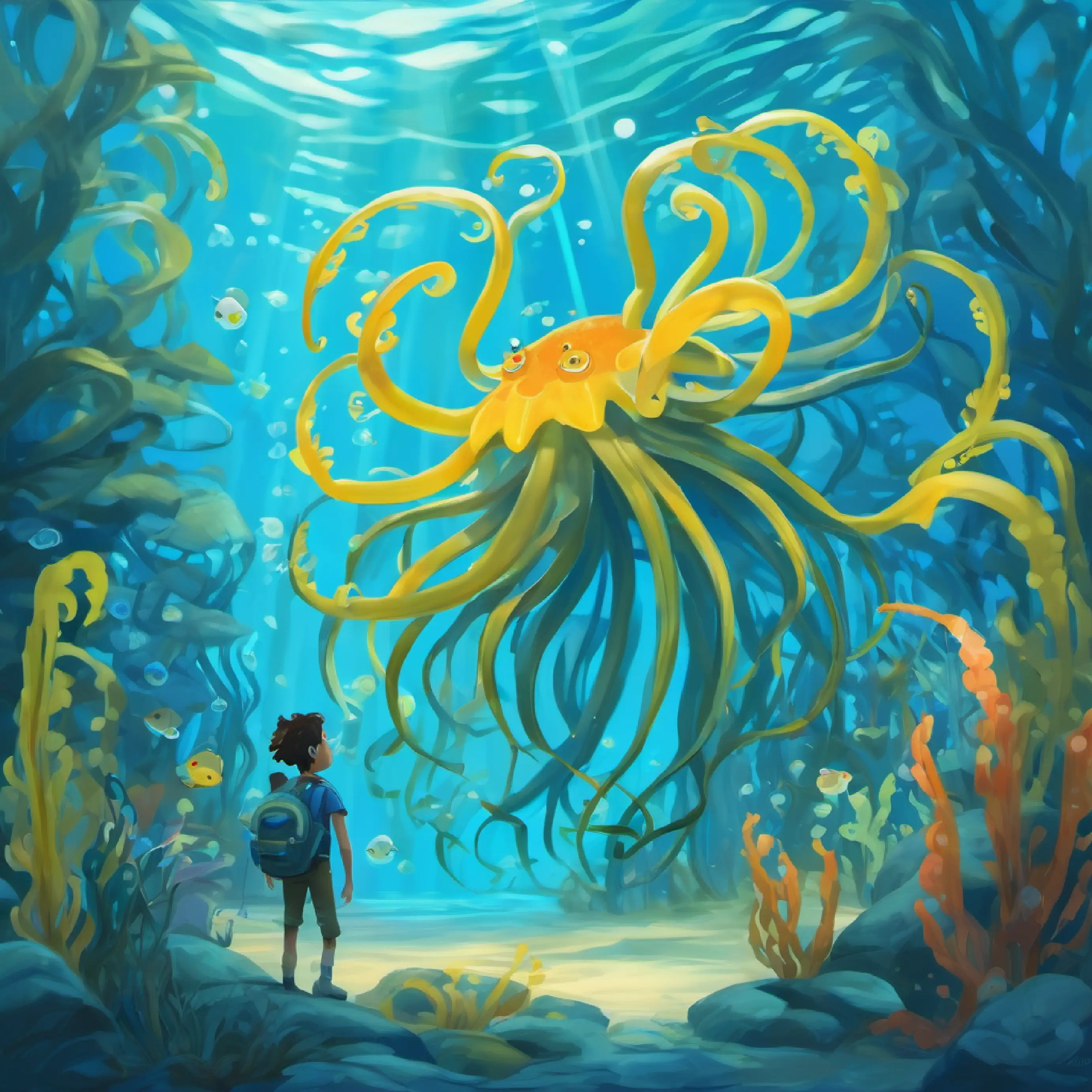 Entering the Kelp Forest, meeting Eight arms, blue, playful, multi-eyed with light blue eyes playing games.