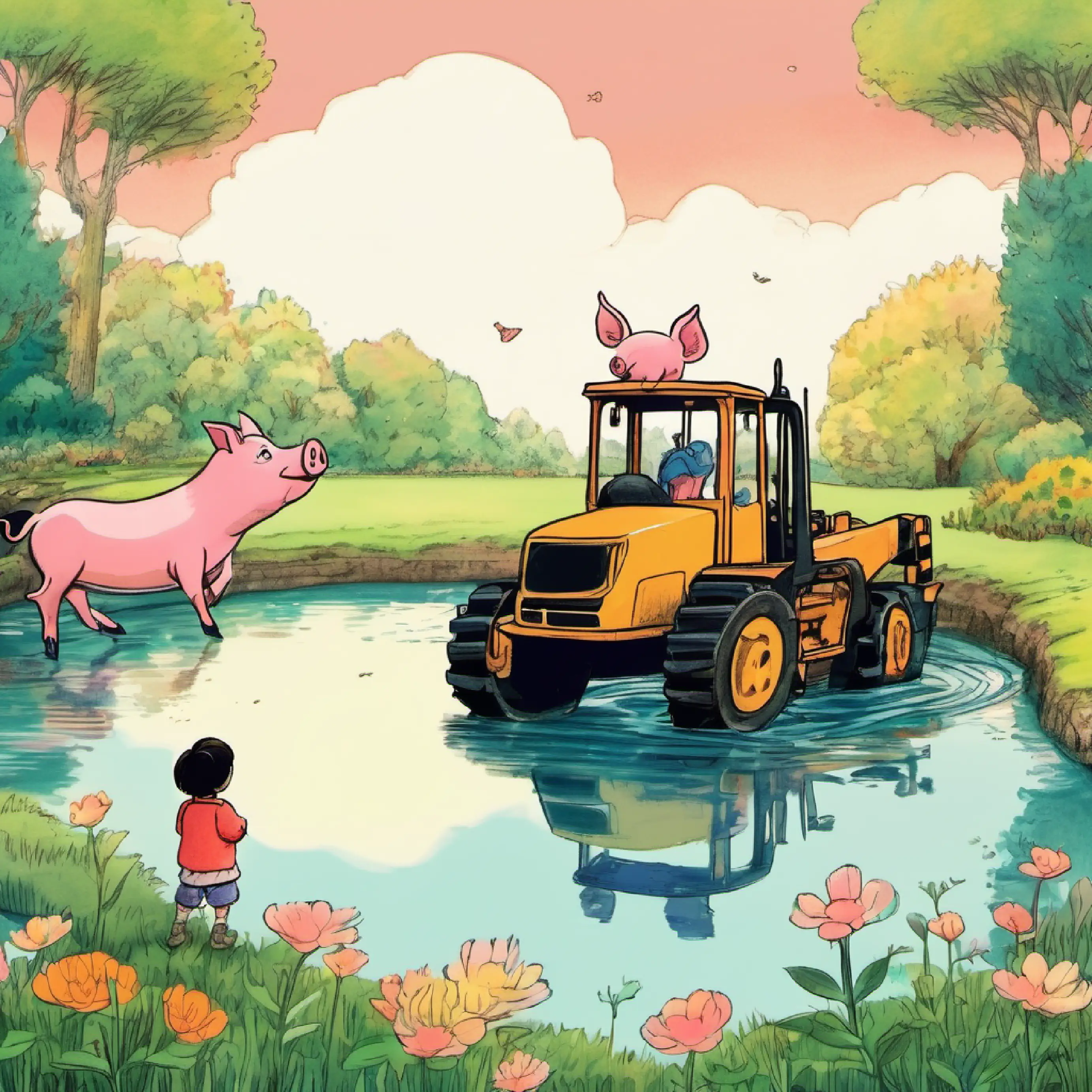 The little pig and boy was excited. She watched as the excavator's arm moved the earth to create the pond.