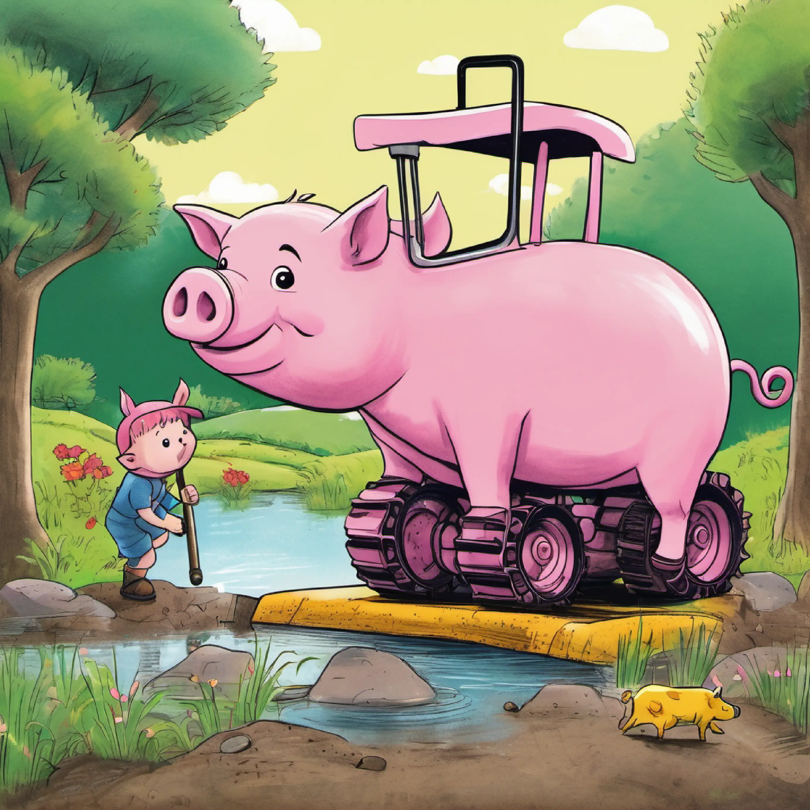  'Of course ! Let's make the best pond ever!' Then little boy and this little pink pig tried to stand on the digger together.