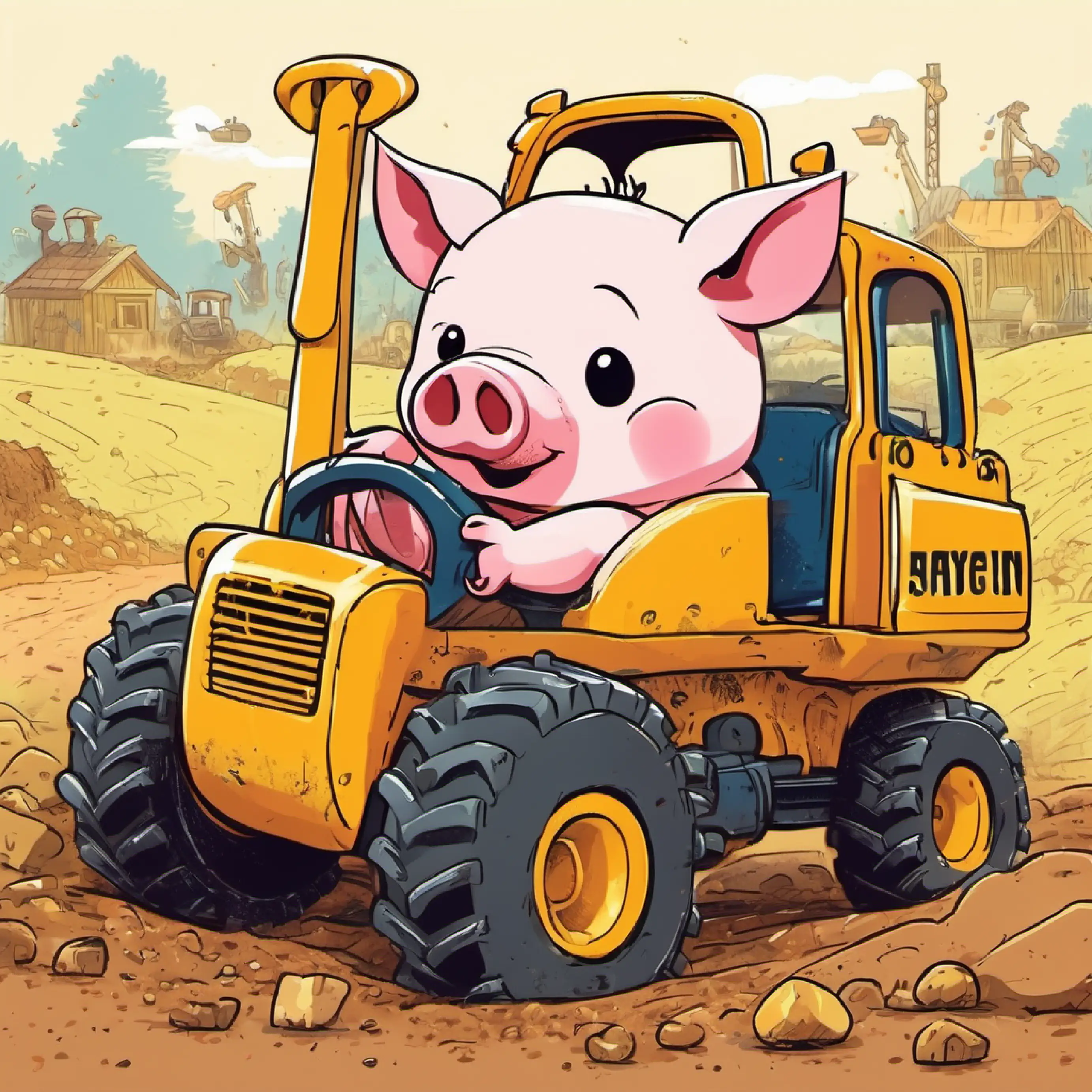 This little pig tried to play on this digger.The big machine made deep holes in the ground with its scoop. 