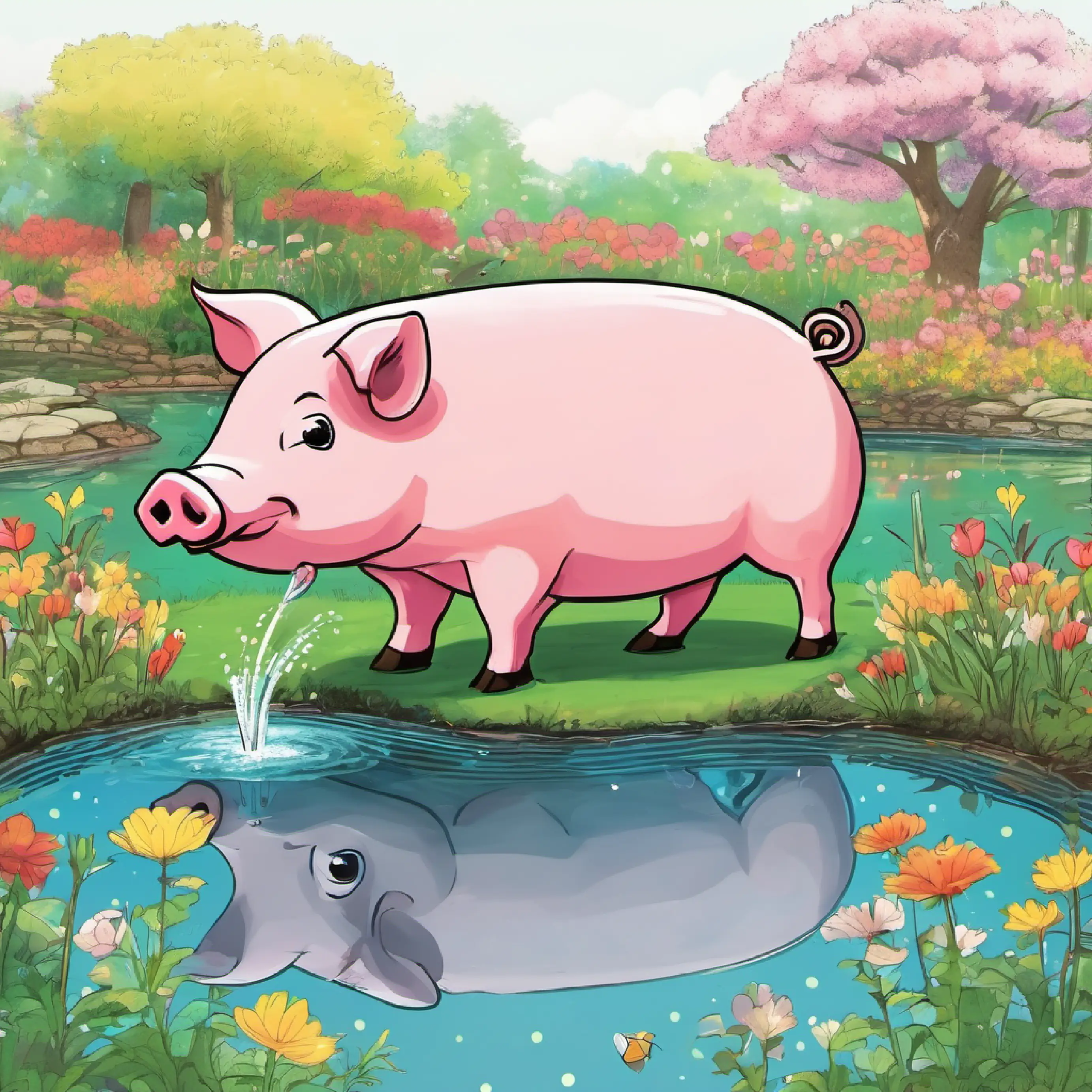 The pig helped to fill the pond with water and even planted flowers around it.