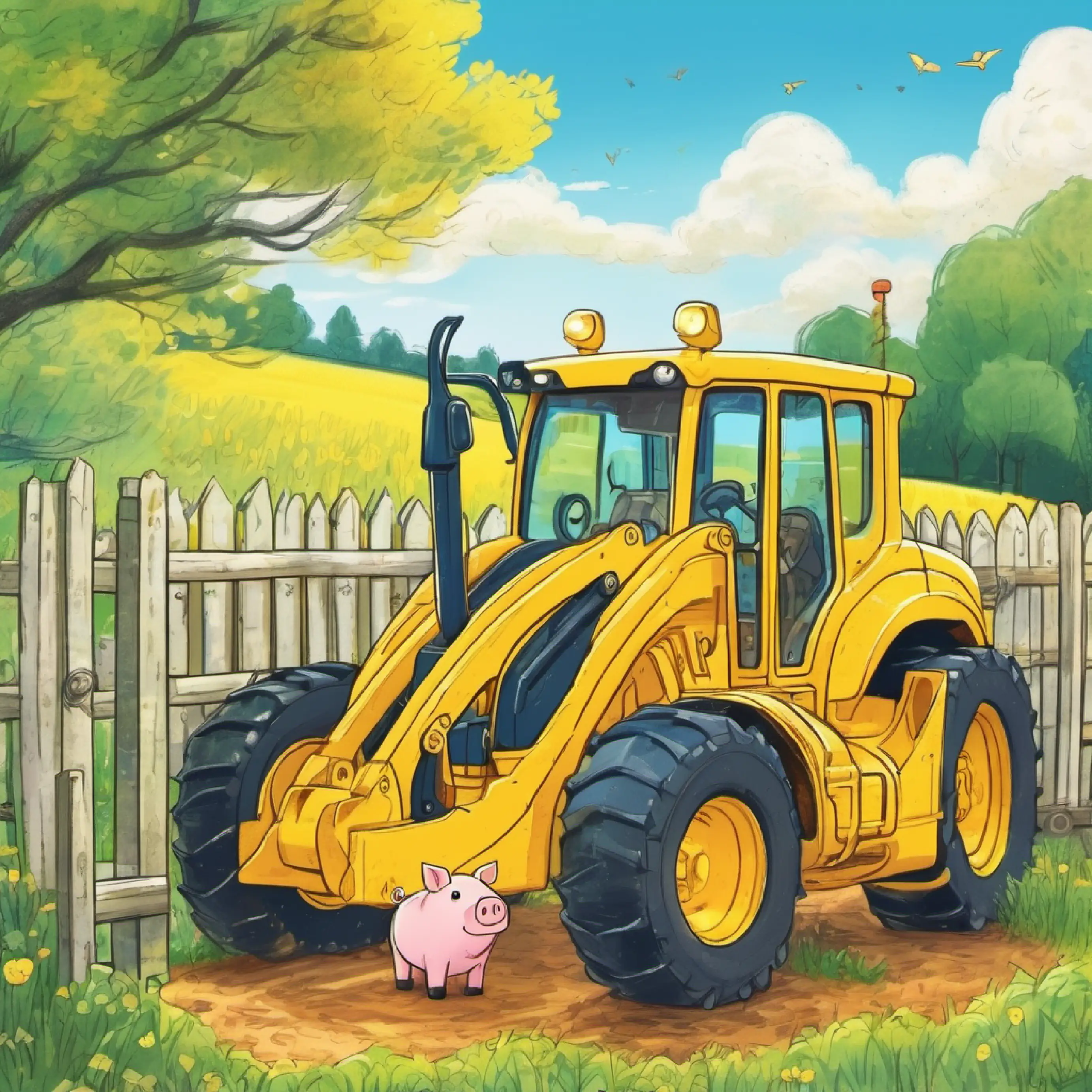 One sunny day, a big yellow excavator came to the farm. The little pig was curious and watched it from the fence.