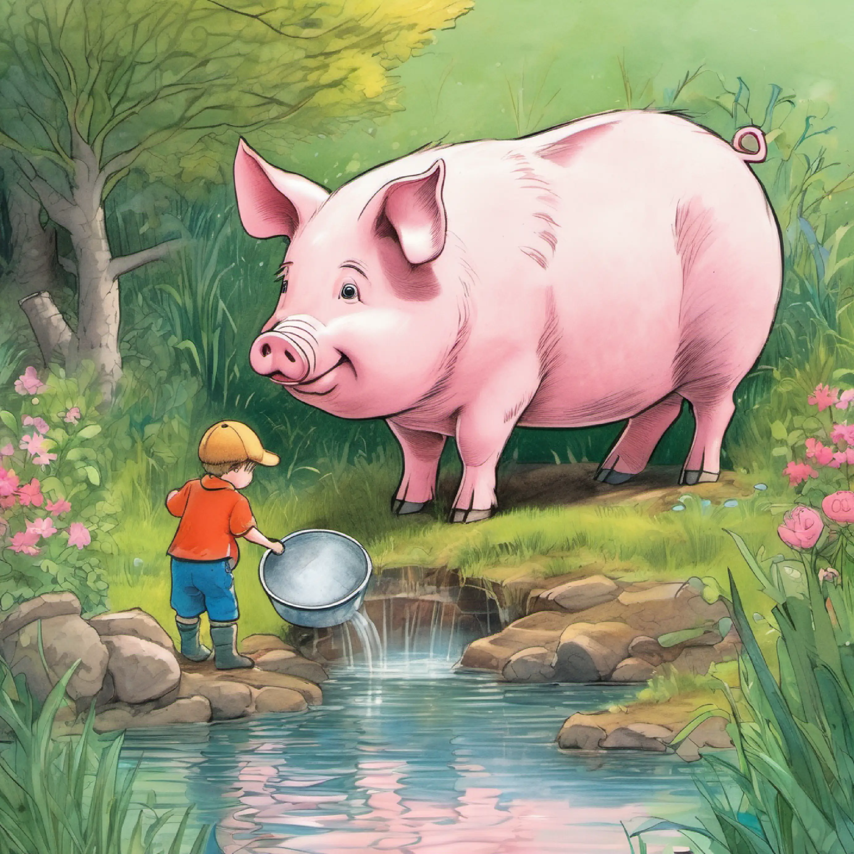 The little pink pig approached one little boy called ke ke .The little pig asked, 'Can you help me dig a pond for us?'  