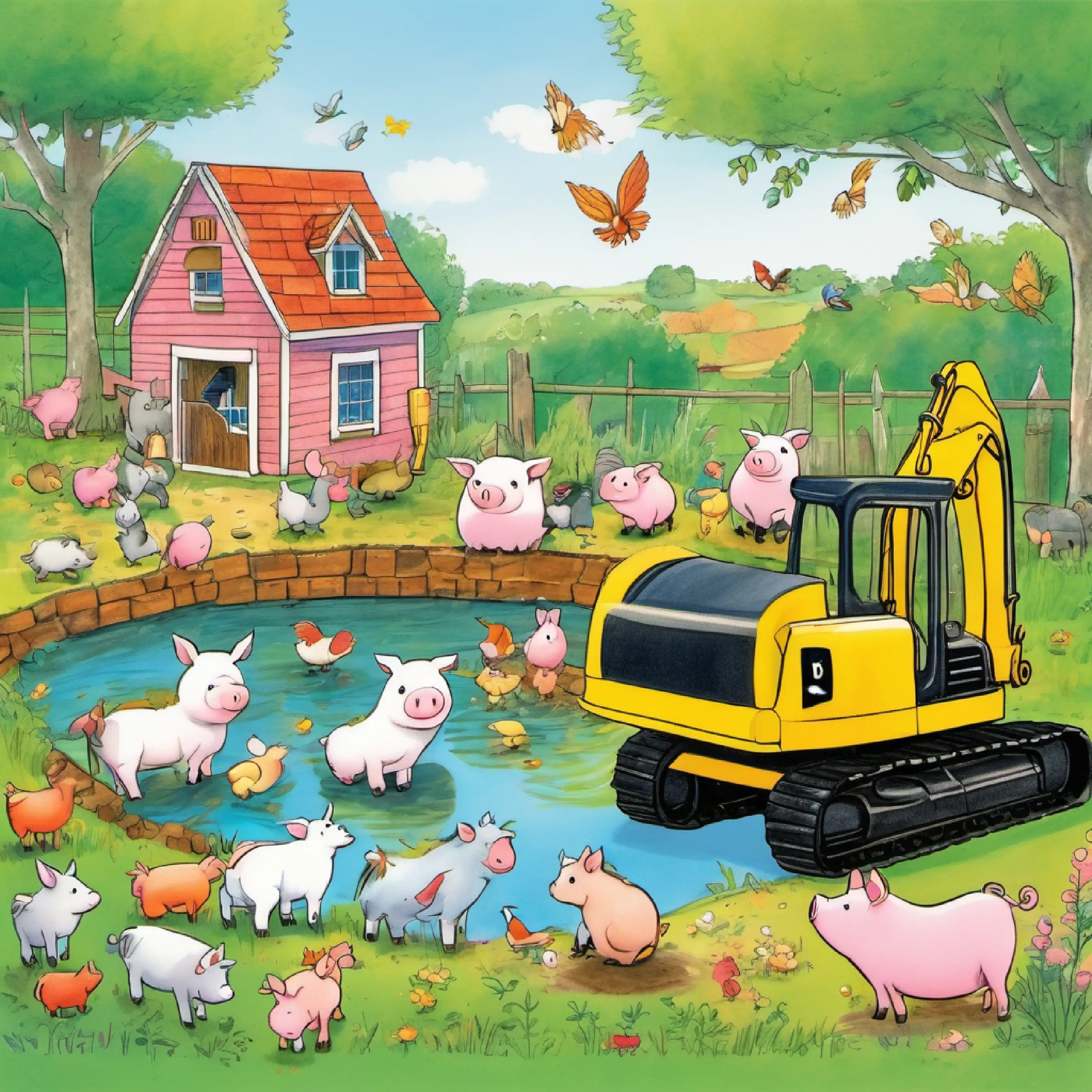 The farm animals gathered around the pond to thank Polly and the excavator for their wonderful new home. The little pig drove its digger away after that.