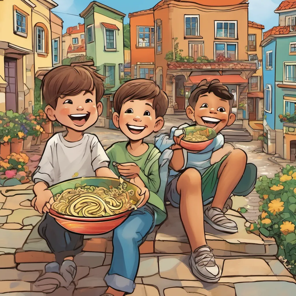 A cheerful, whimsical town with colorful houses, smiling children, and Majed and Faisal sharing a bowl of noodles, laughing.