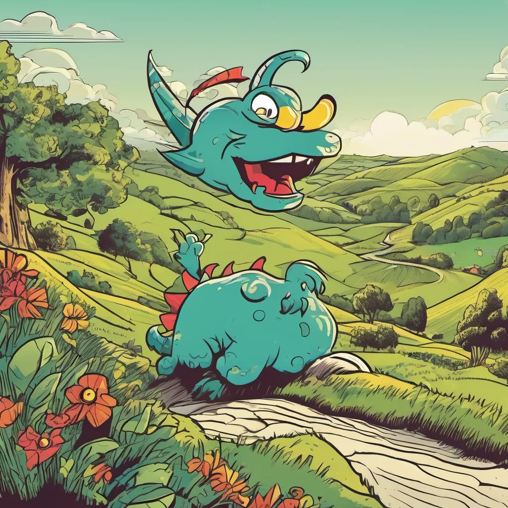 A bright sunny day with a playful, slightly goofy monster appearing on a hill in the distance.