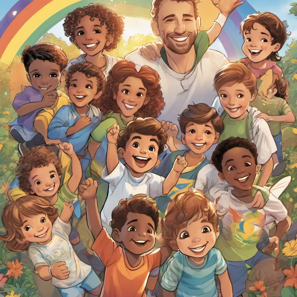 A happy ending scene with Majed, Faisal, and other children all together, smiling under a rainbow sky.