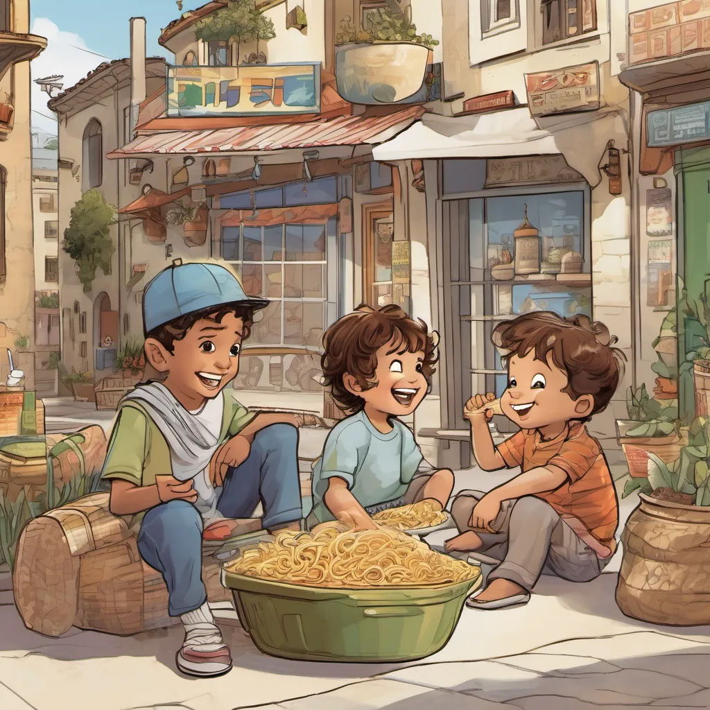 A peaceful scene with Majed and Faisal sharing noodles and laughing again in their cheerful town.