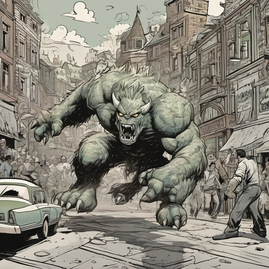 The monster stomping through the town, causing harmless, cartoony chaos with funny sound effects.