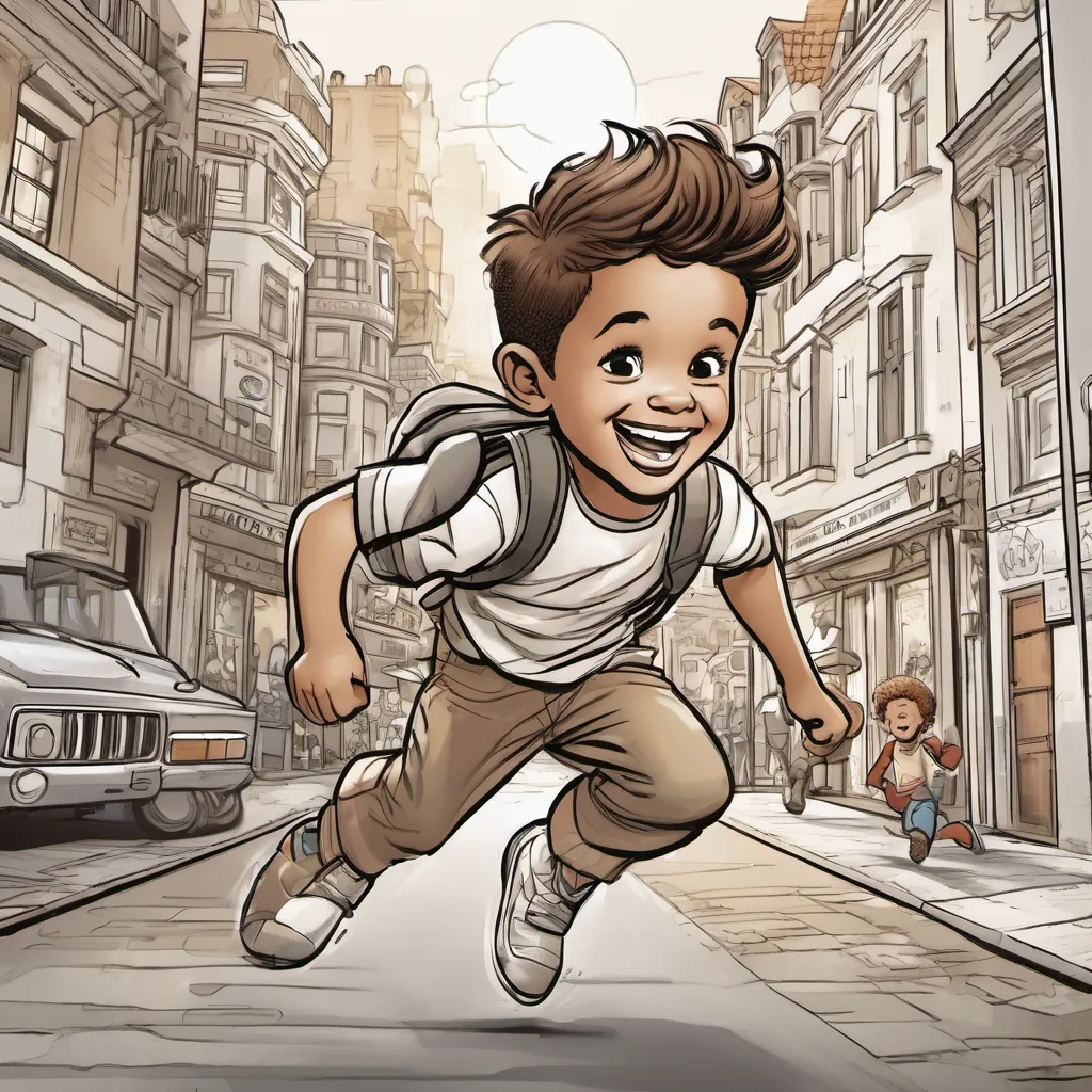 Majed and Faisal running through the town, dodging playful obstacles and laughing.