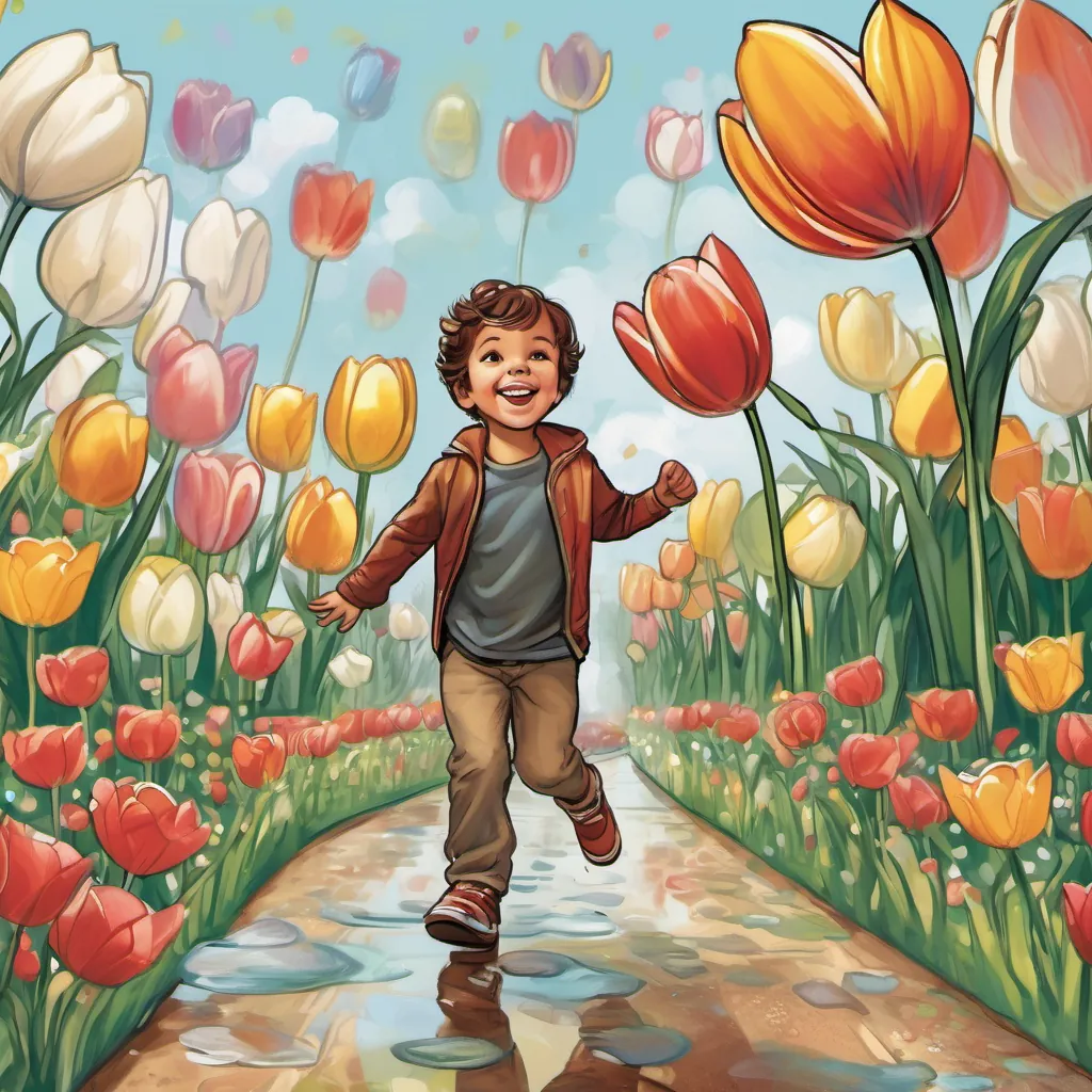 Majed and Faisal tiptoeing through tulip gardens, dashing down lanes, and dancing over puddles in a whimsical landscape.